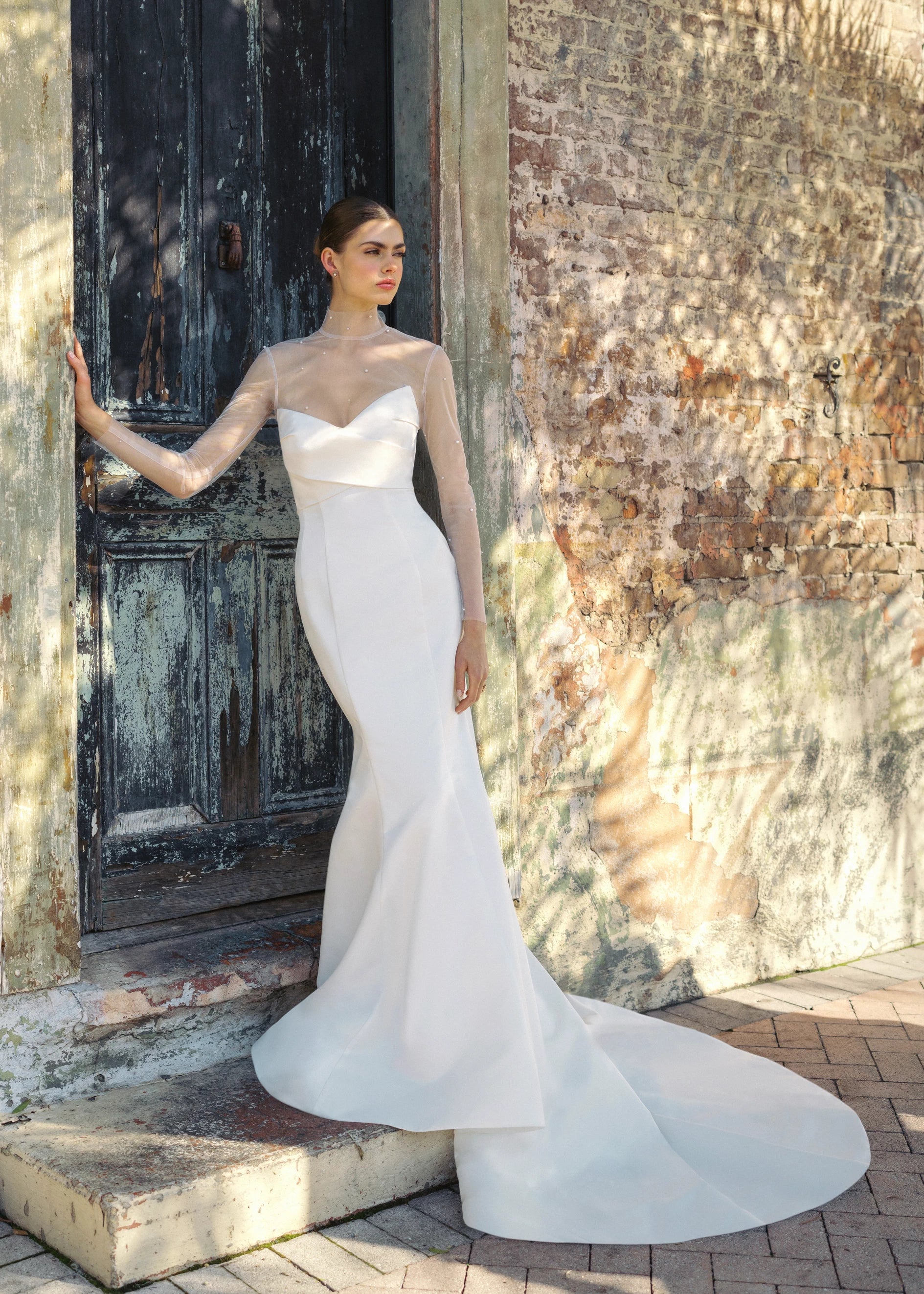 The Blue Willow Troubadour Topper, a pearl dotted illusion topper with mockneck in Silk White.