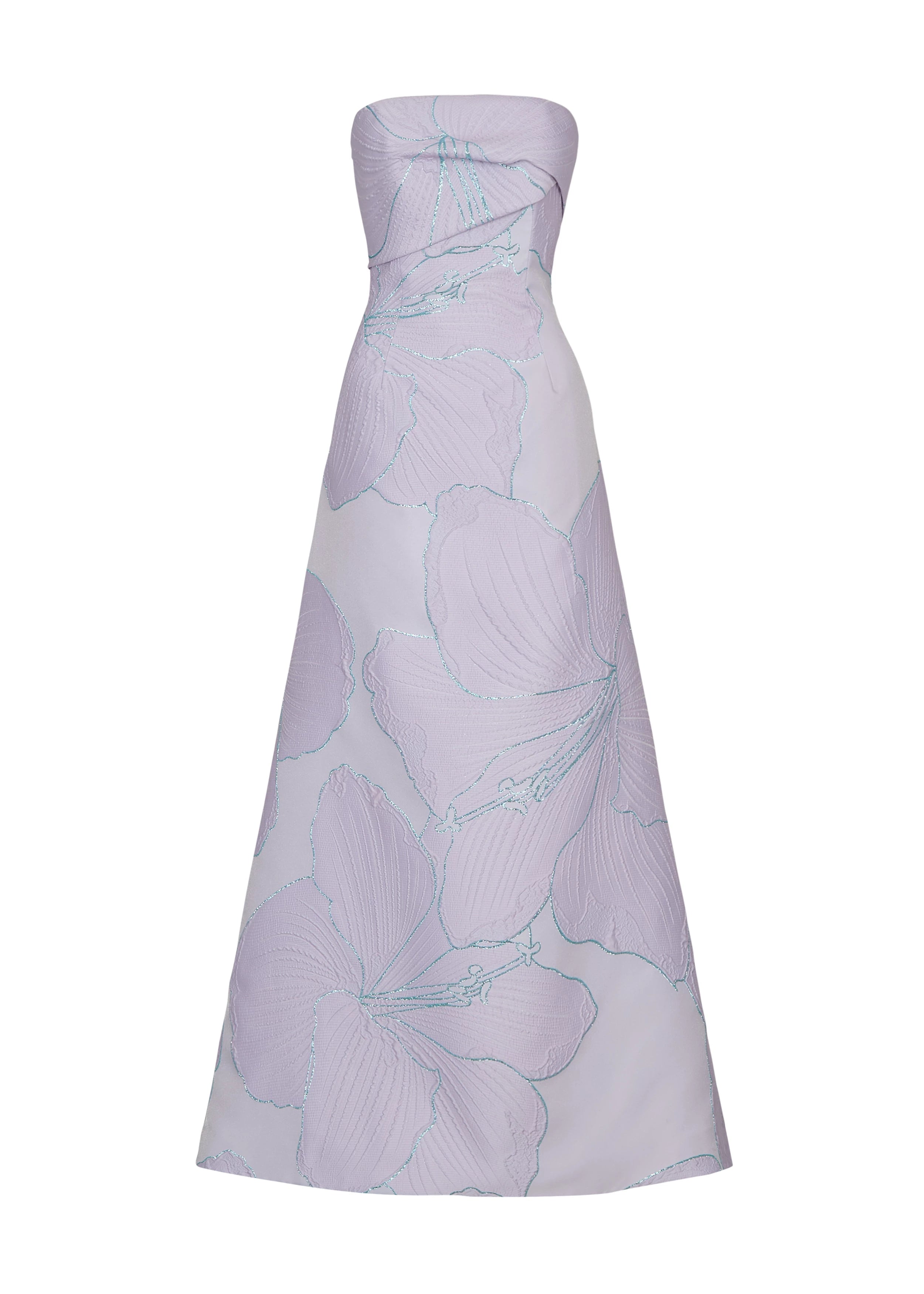 Anne Barge evening gown Pillar, a modified A-line strapless gown of Petal Canopy Jacquard with lightly pleated neckline cuff.