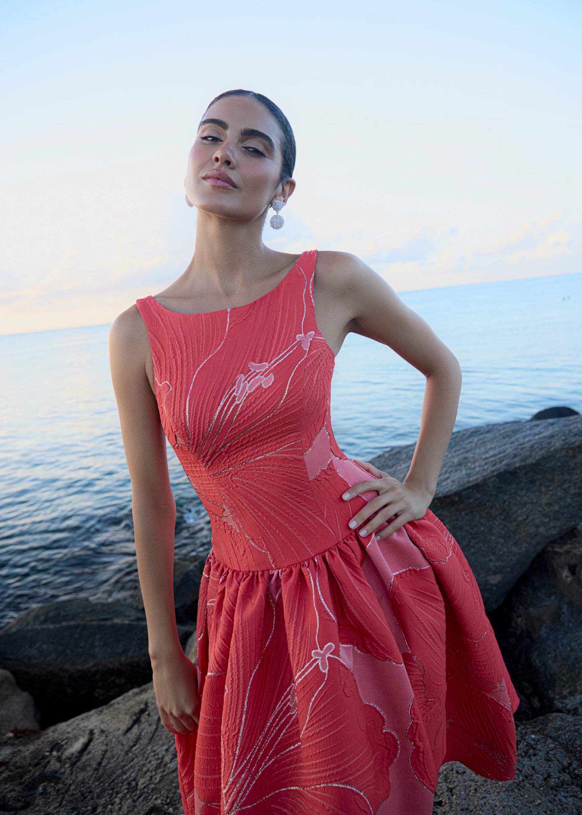 Anne Barge evening gown Rocio, a bateau neck tea-length dress of Petal Canopy Jacquard with drop waist and full, softly gathered skirt.
