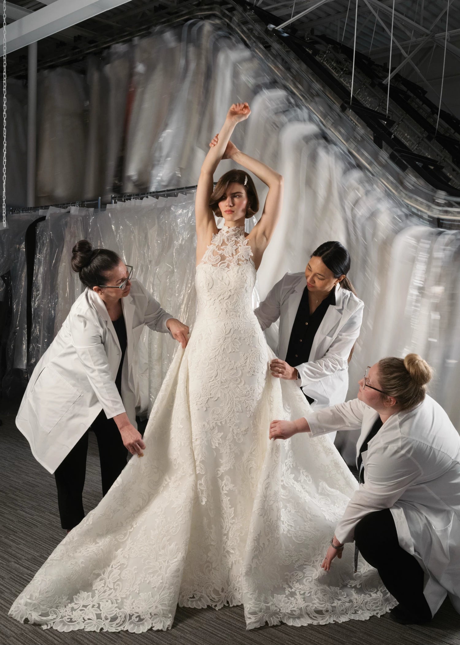The Selena Train by Anne Barge is a pleated dramatic detachable train of swirling Vine and Leaf Embroidered Lace in Pearl.