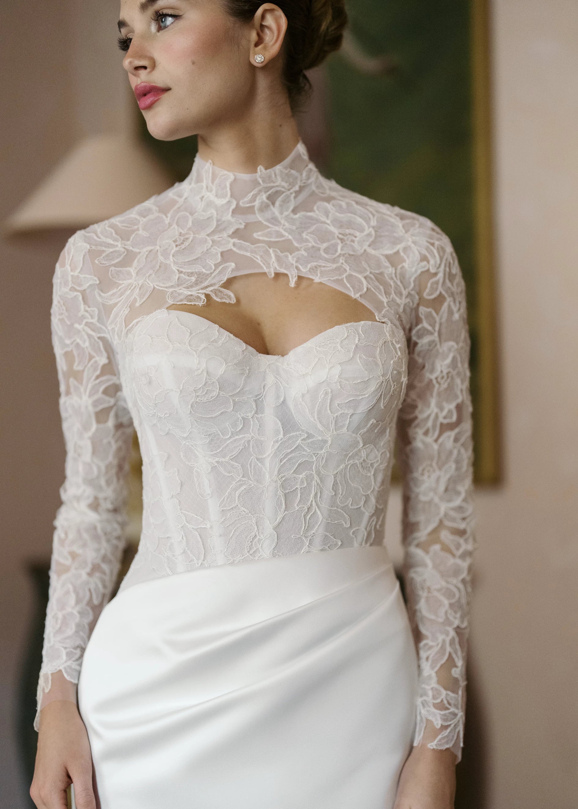 The Sully Topper by Anne Barge is a keyhole illusion tulle topper with mockneck featuring Alencon Lace appliques in Silk White.