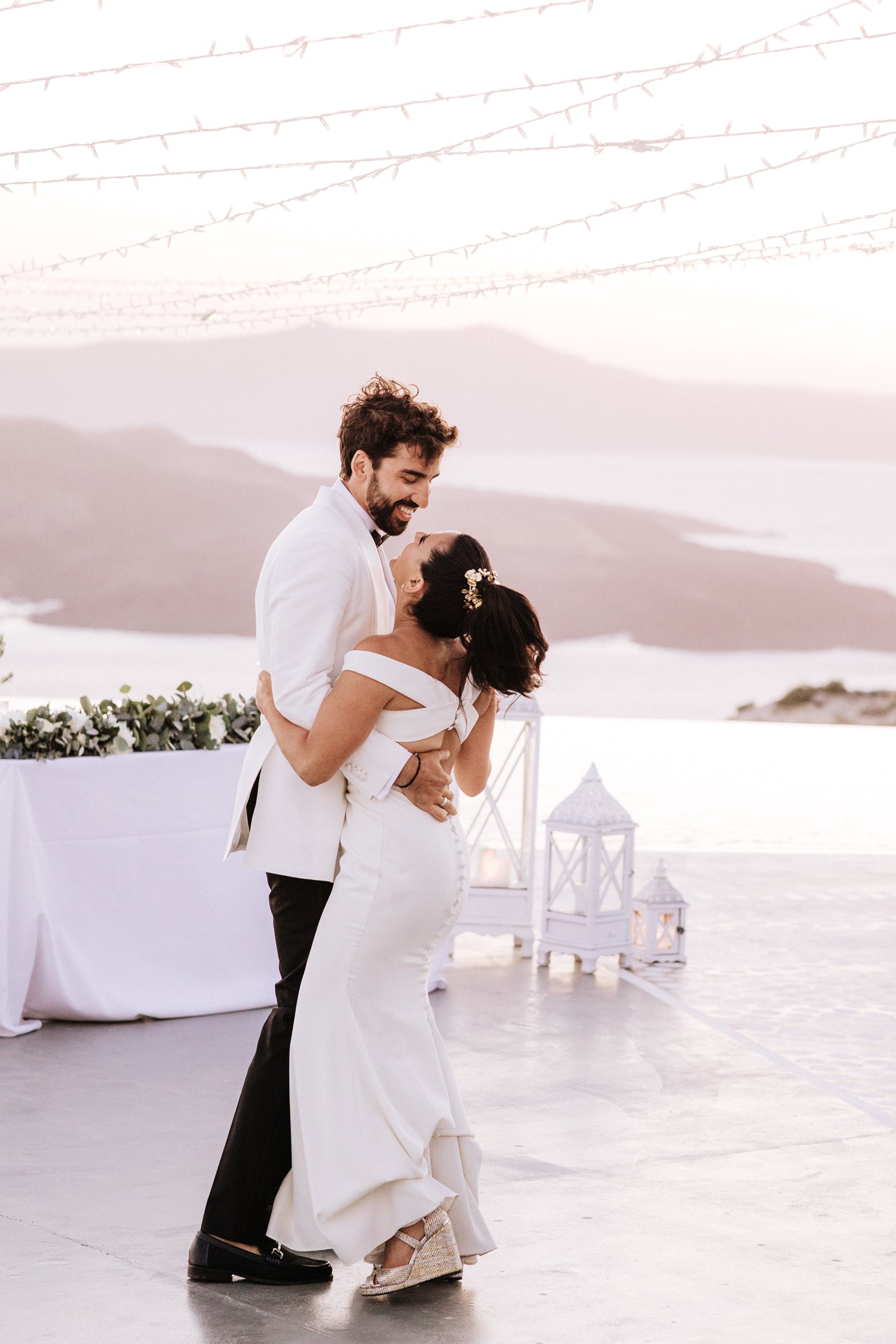 OFF THE SHOULDER BACKLESS DRESS FIT FOR A GREEK GODDESS DESTINATION WEDDING IN SANTORINI GREECE