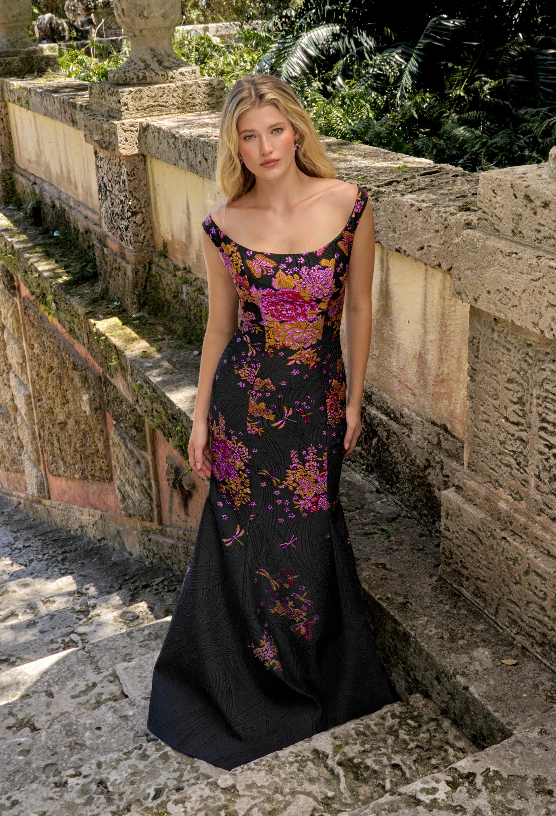 Anne Barge evening gown Amara, a portrait neckline fit-and-flare gown of Butterfly Blossom Organza Jaquard.
