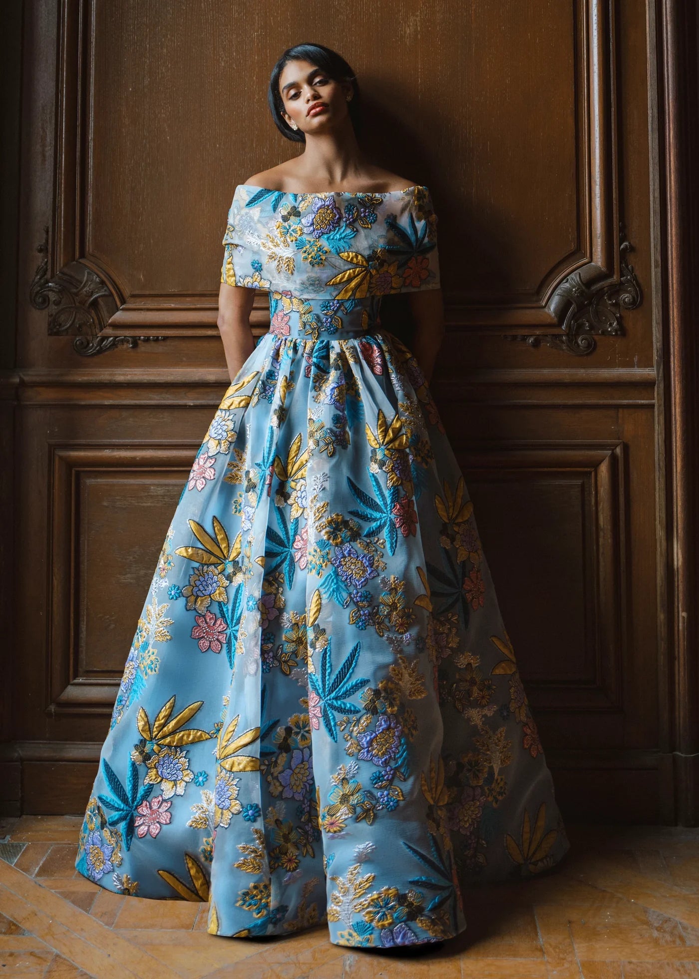 The Ogontz Wrap from Black Label by Anne Barge is a lightly pleated off-the-shoulder wrap of Vivid Jacquard Burnout Organza.