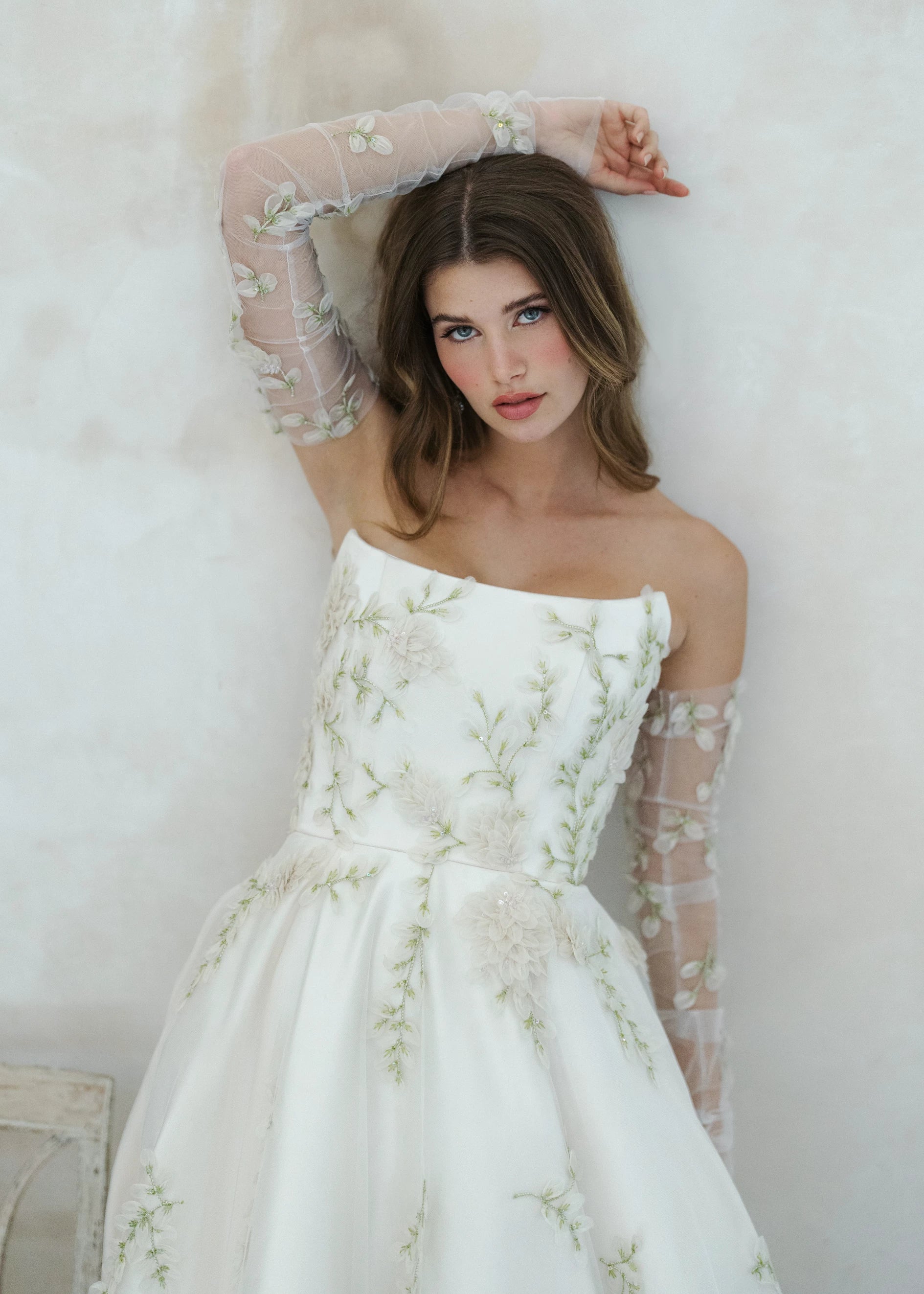 The Dauphine Gloves by Anne Barge are gathered Illusion tulle fingerless gloves with garden inspired Organza hand-embroidery.