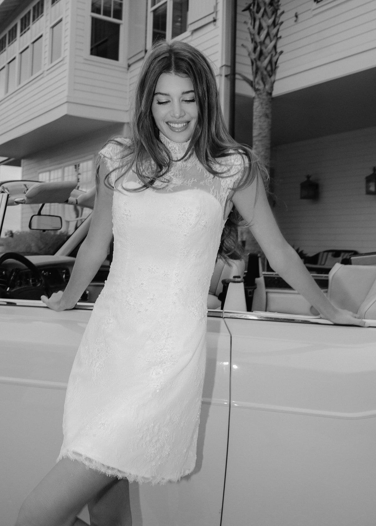 The Blush Crush Little White Dress is a mockneck cap sleeve mini dress of Corded Beaded Chantilly Lace with soft nude tulle underlay in Silk White/Nude.