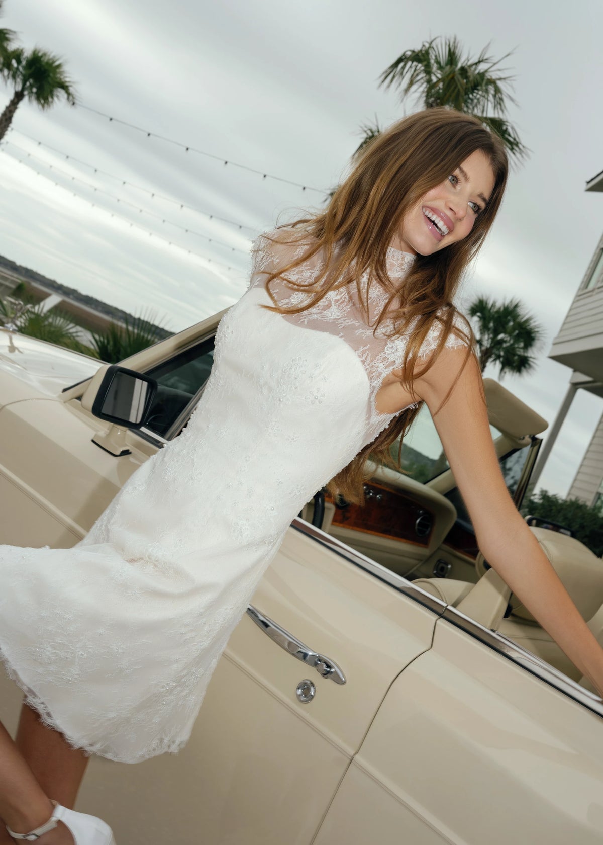 The Blush Crush Little White Dress is a mockneck cap sleeve mini dress of Corded Beaded Chantilly Lace with soft nude tulle underlay in Silk White/Nude.