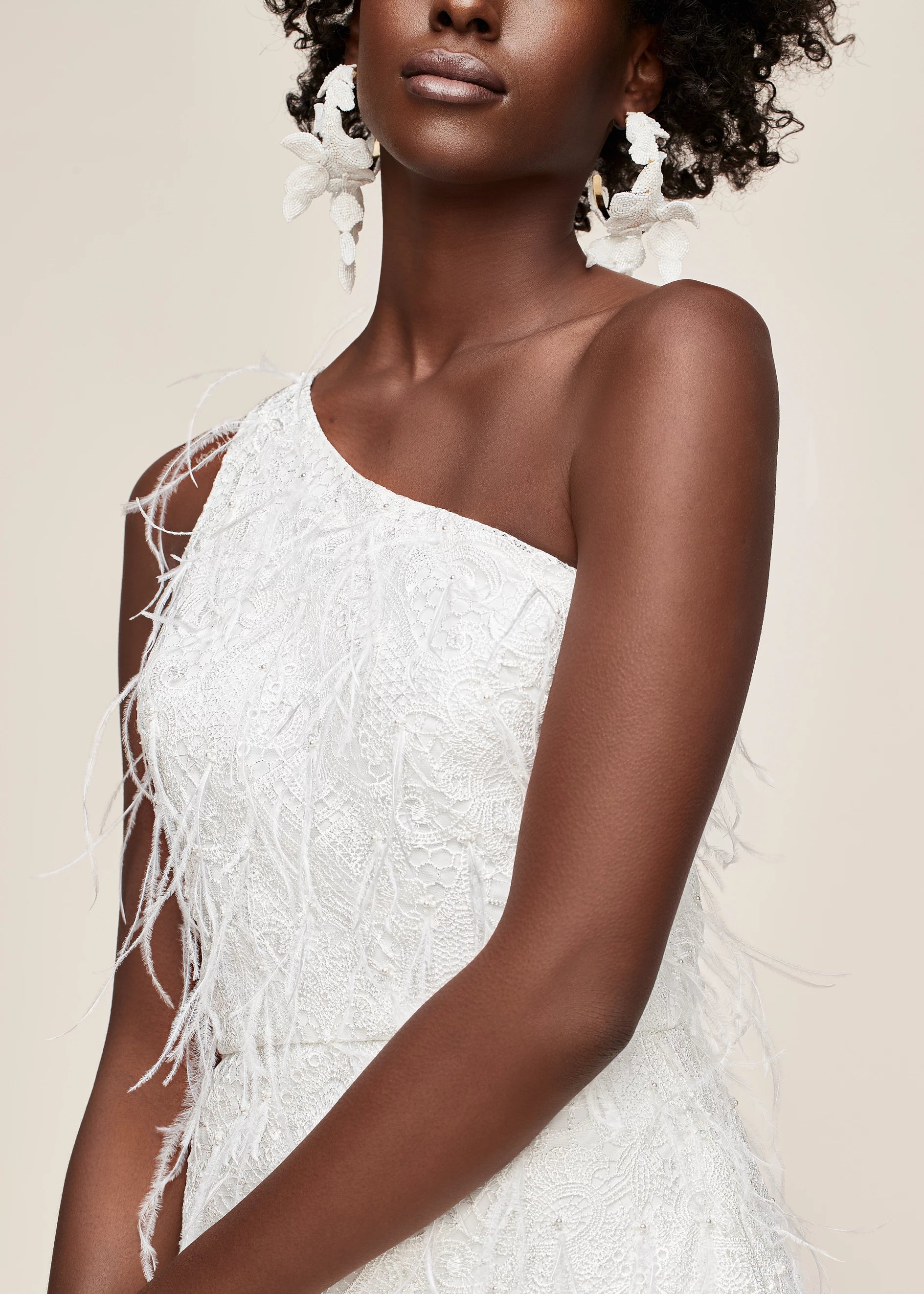 Anne Barge Twinkle in Time Feather Lace One-Shoulder Minidress in Silk White at Nordstrom, Size Large
