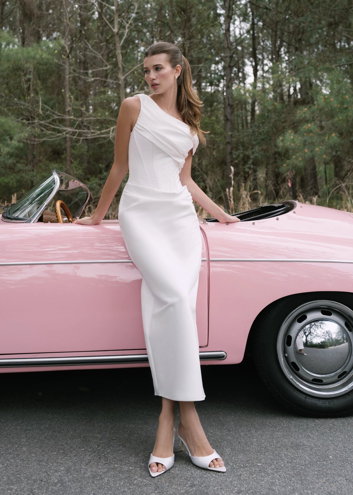 The Yours Truly Little White Dress is a one shoulder draped midi dress of Stretch Mikado in Silk White.