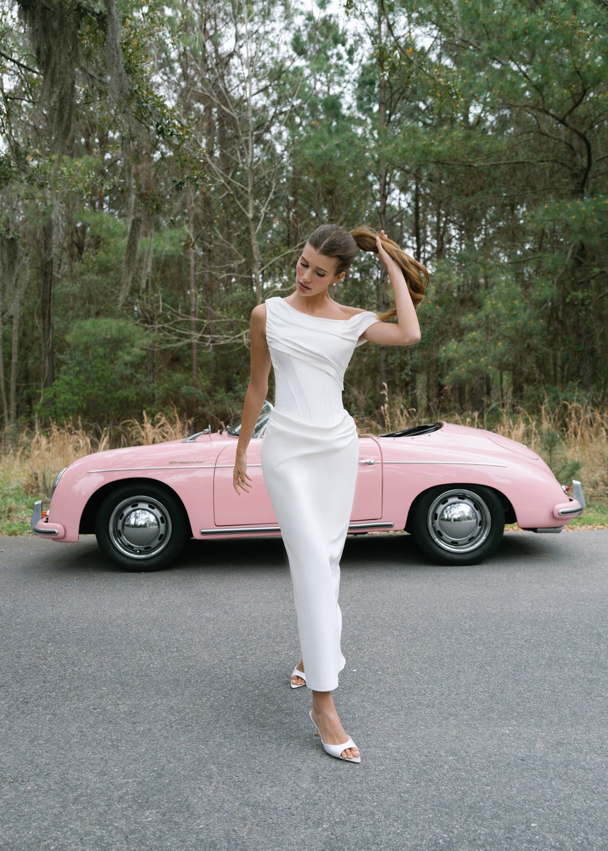 The Yours Truly Little White Dress is a one shoulder draped midi dress of Stretch Mikado in Silk White.