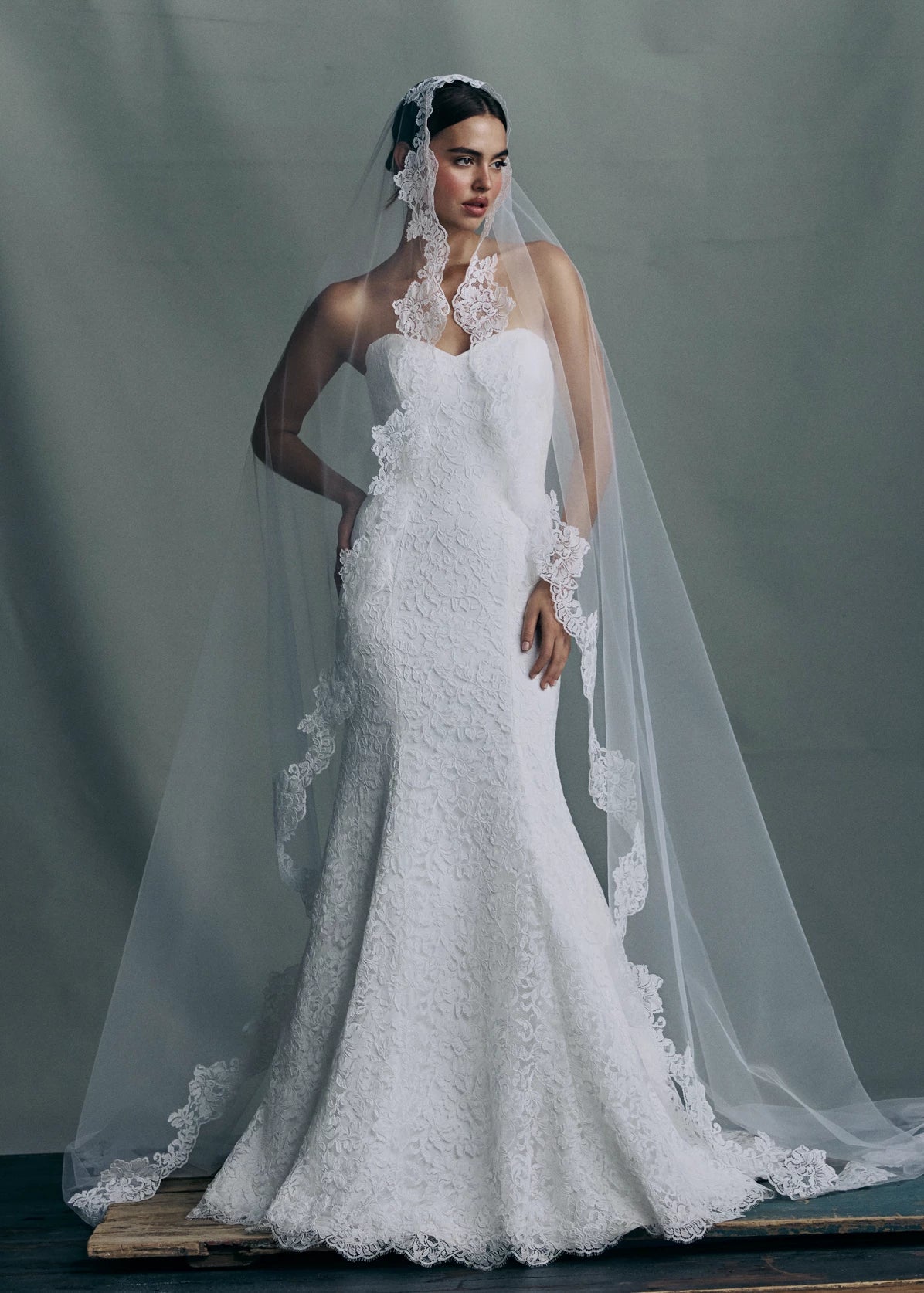 The Anouk veil is a mantilla veil with Corded Scrolling Floral Lace border in Silk White. 