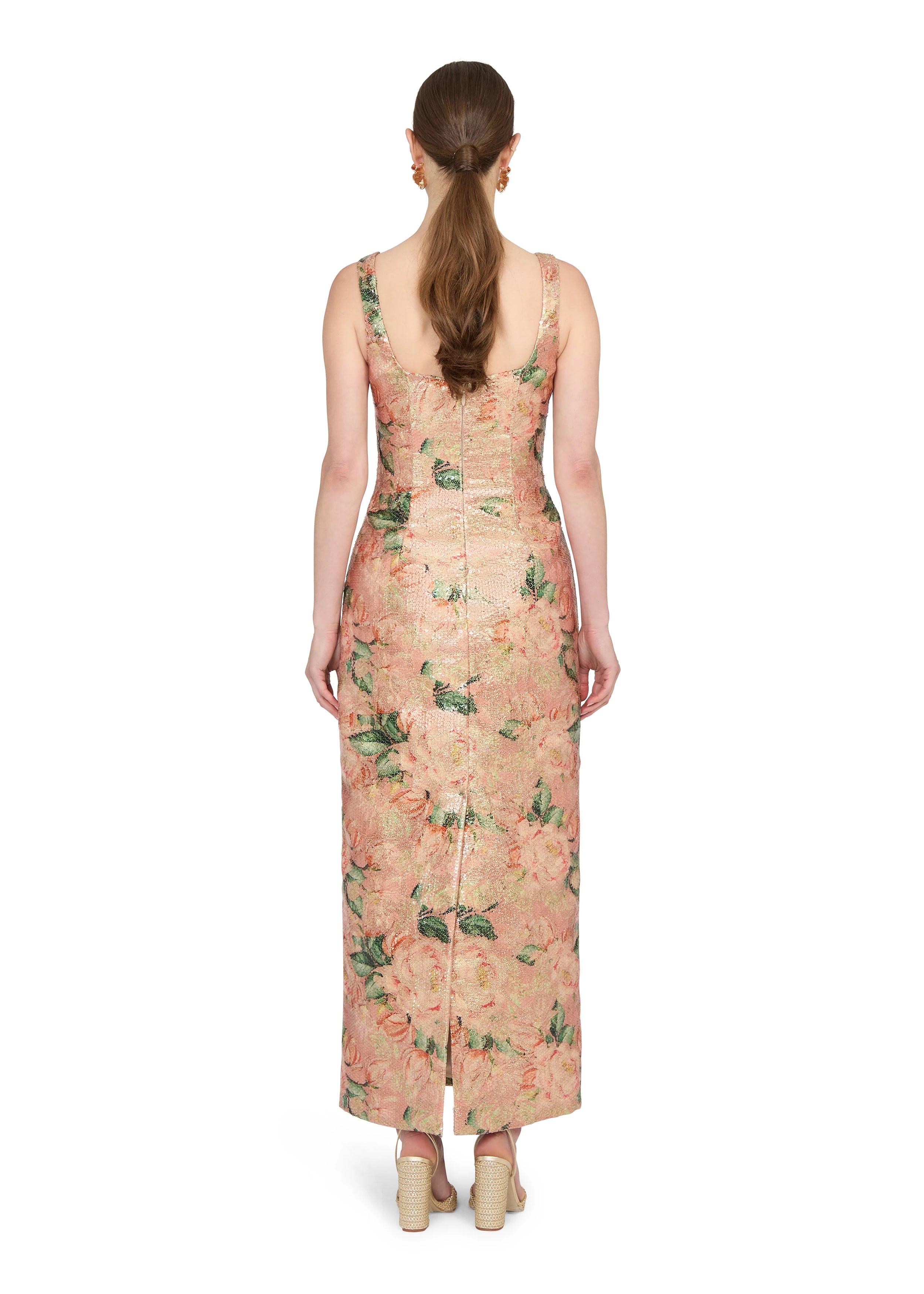 Anne Barge evening gown Alba, a scoop neck straight dress of Bloom Printed Sequins.