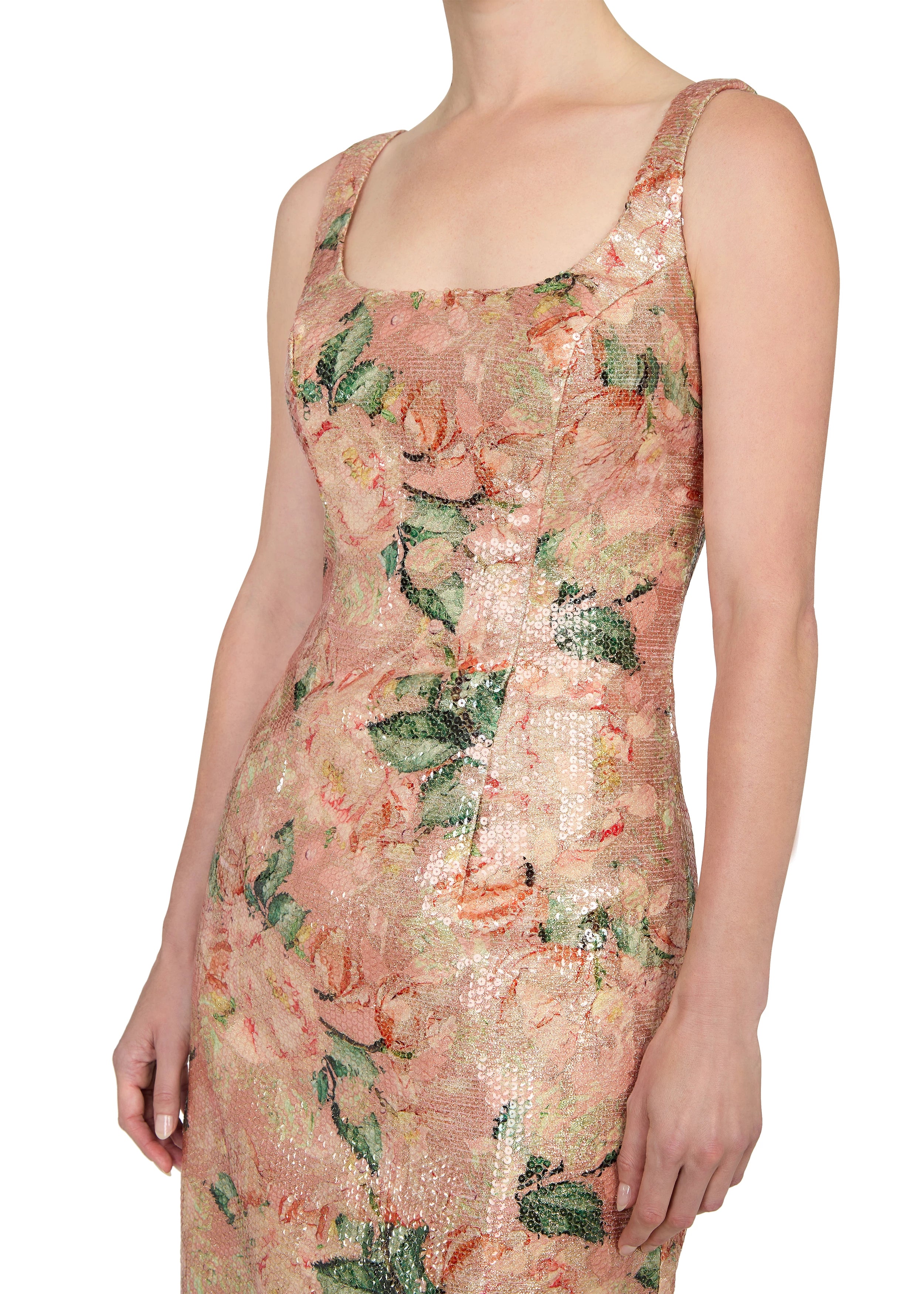 Anne Barge evening gown Alba, a scoop neck straight dress of Bloom Printed Sequins.
