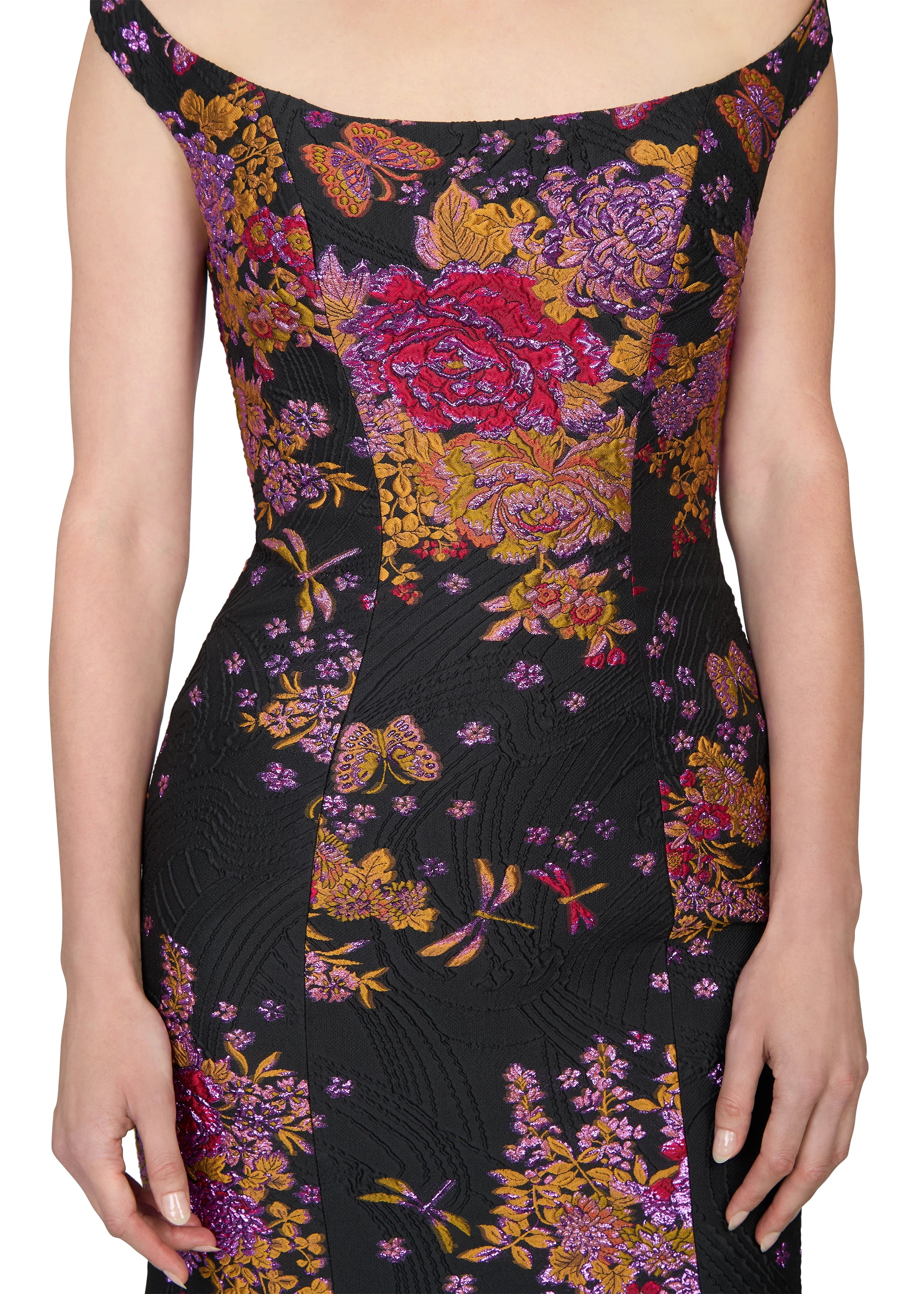 Anne Barge evening gown Amara, a portrait neckline fit-and-flare gown of Butterfly Blossom Organza Jaquard.