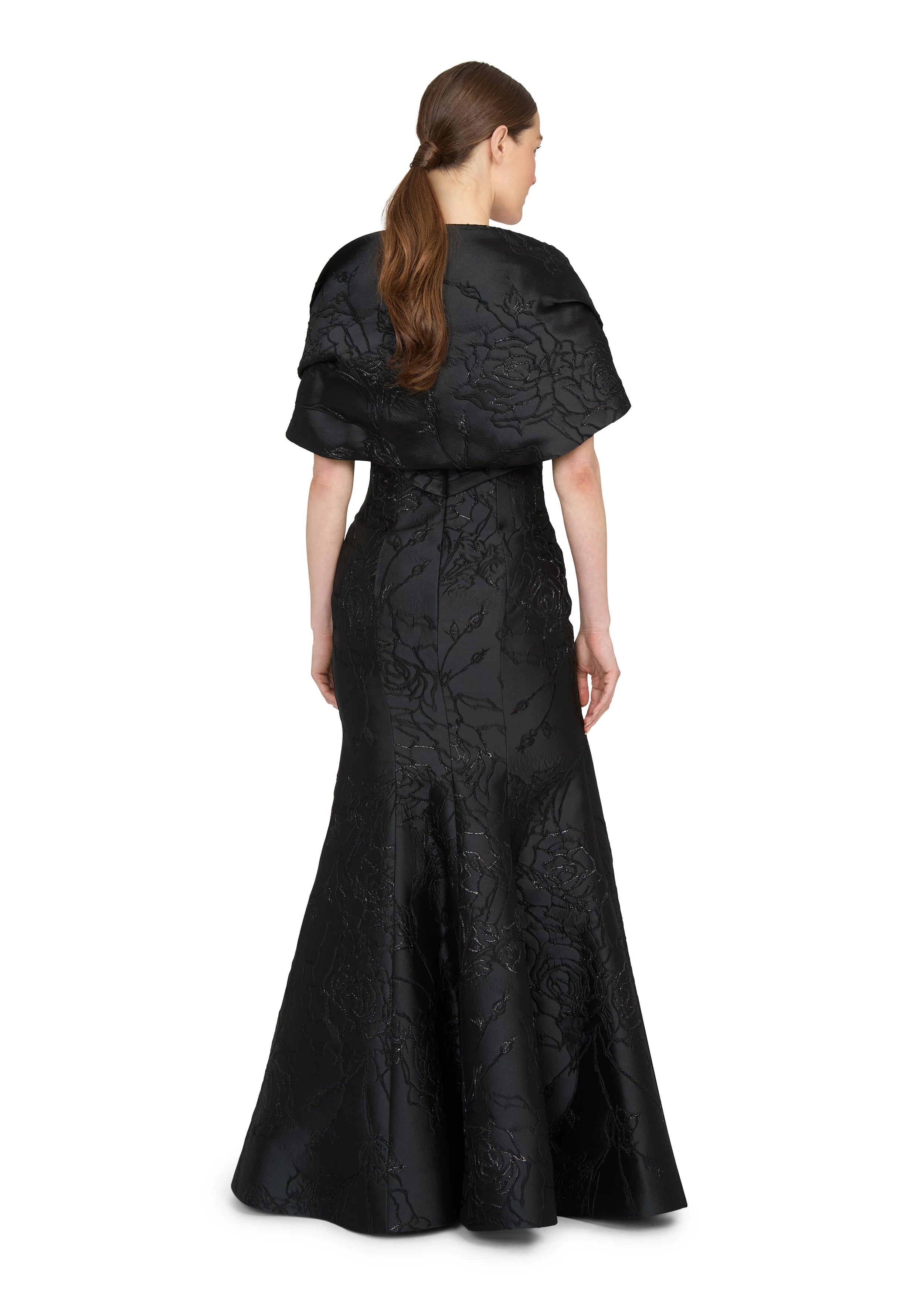 Anne Barge evening gown Esperanza, is a pointed sweetheart strapless fit and flare gown of Camellia Vine Jacquard.