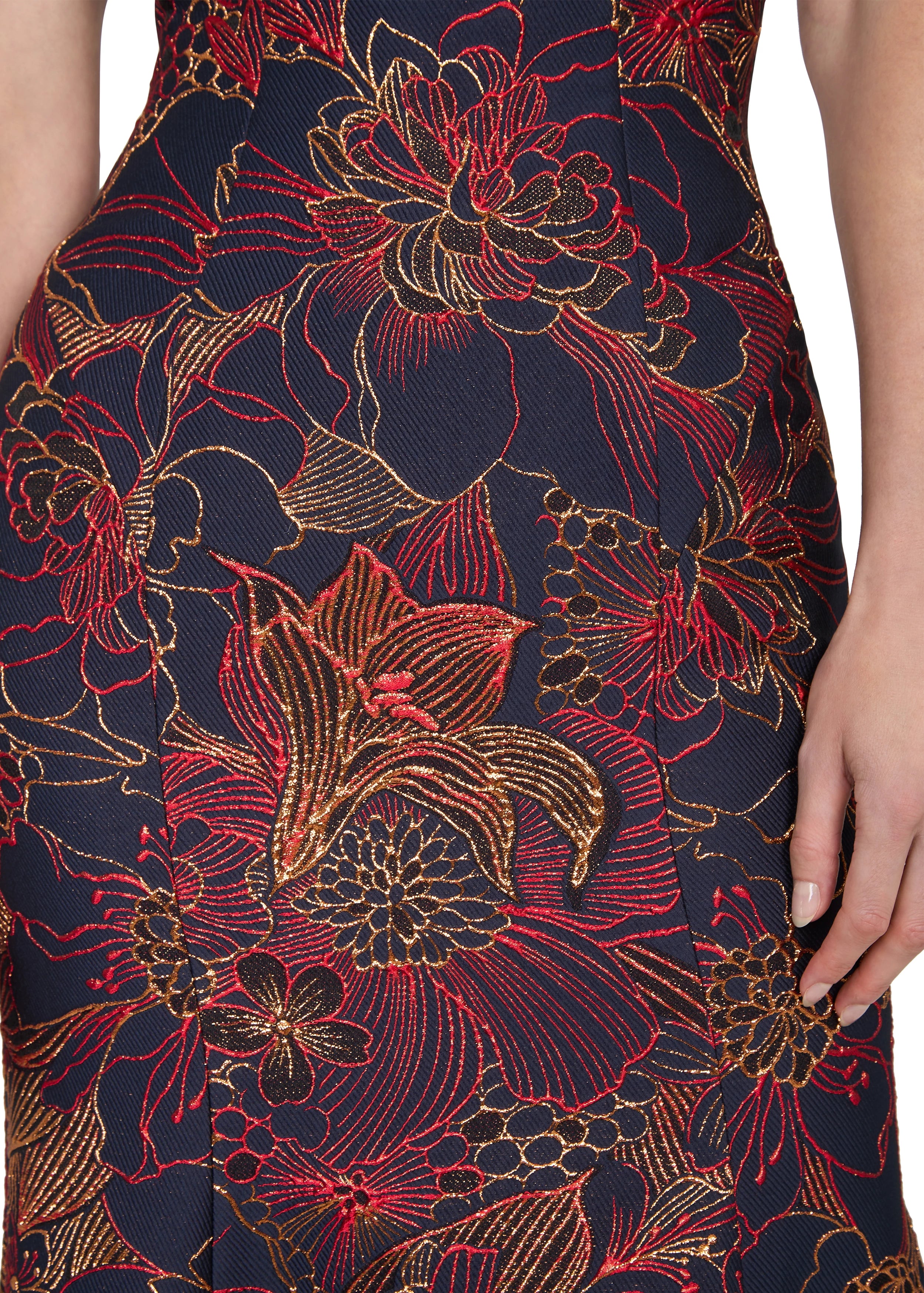 Anne Barge evening gown Esperanza, is a pointed sweetheart strapless fit and flare gown of Opulent Filigree Jacquard, accentuated by a twisted draped bodice. 