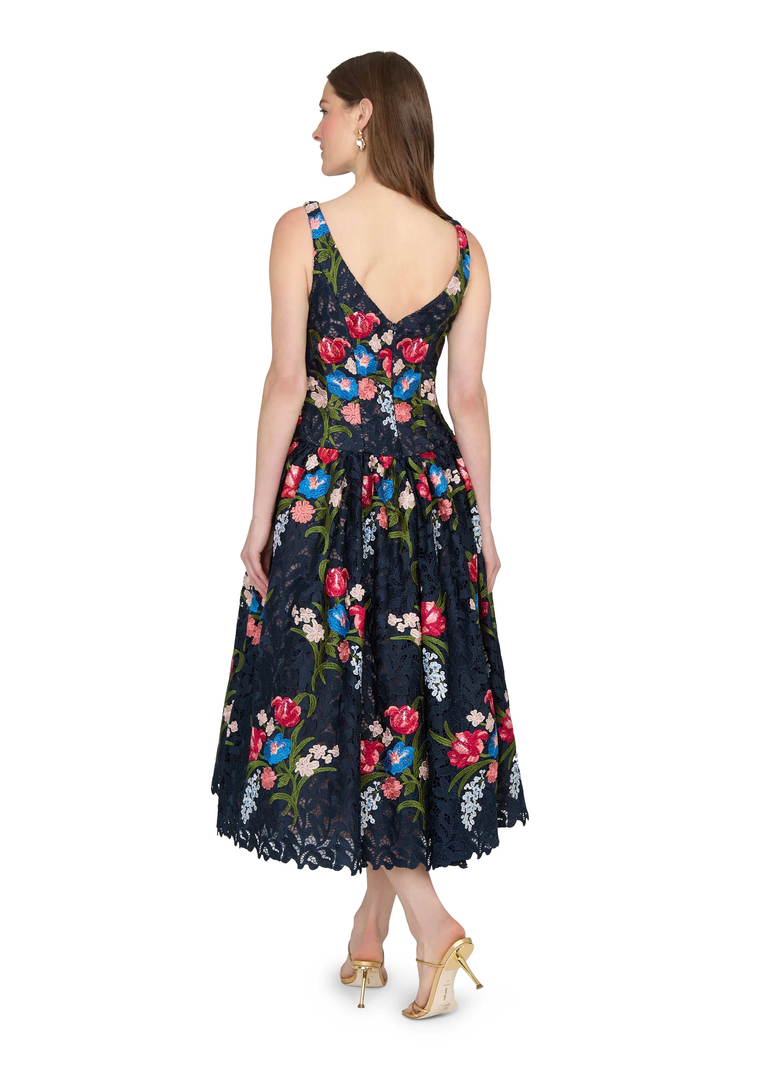 Anne Barge evening gown Gabriela, a bateau neck tea-length dress of Embroidered Guipure Lace with drop waist and full, softly gathered skirt.