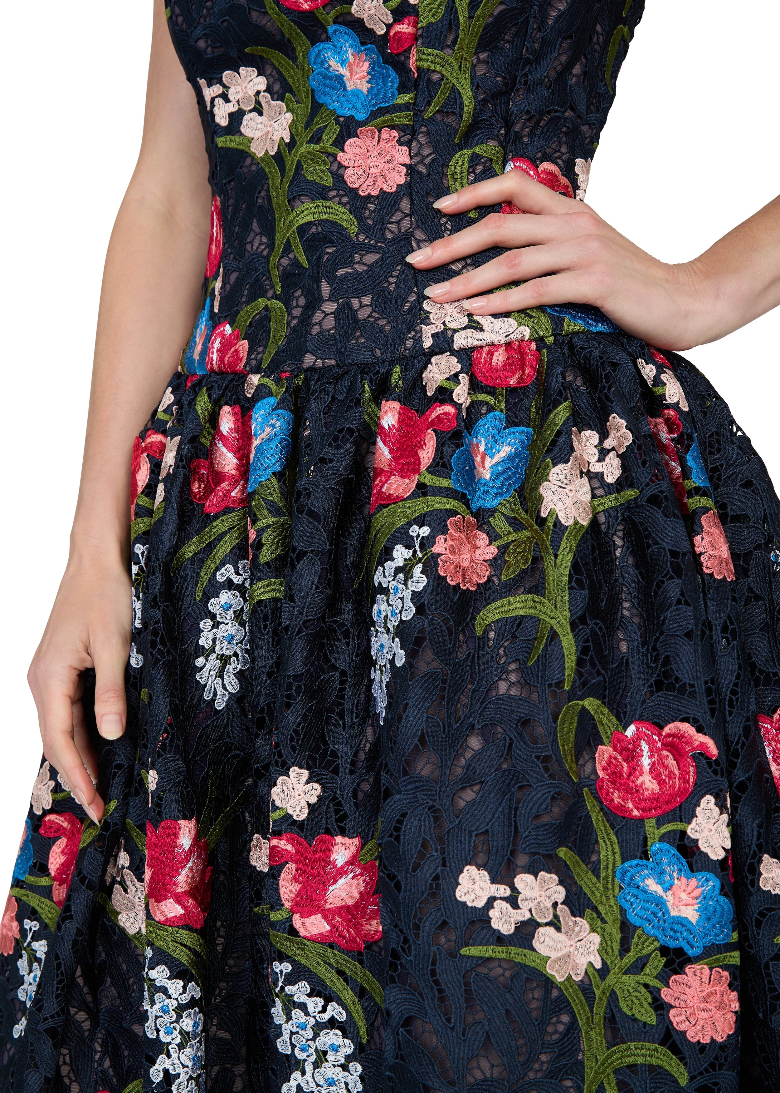 Anne Barge evening gown Gabriela, a bateau neck tea-length dress of Embroidered Guipure Lace with drop waist and full, softly gathered skirt.