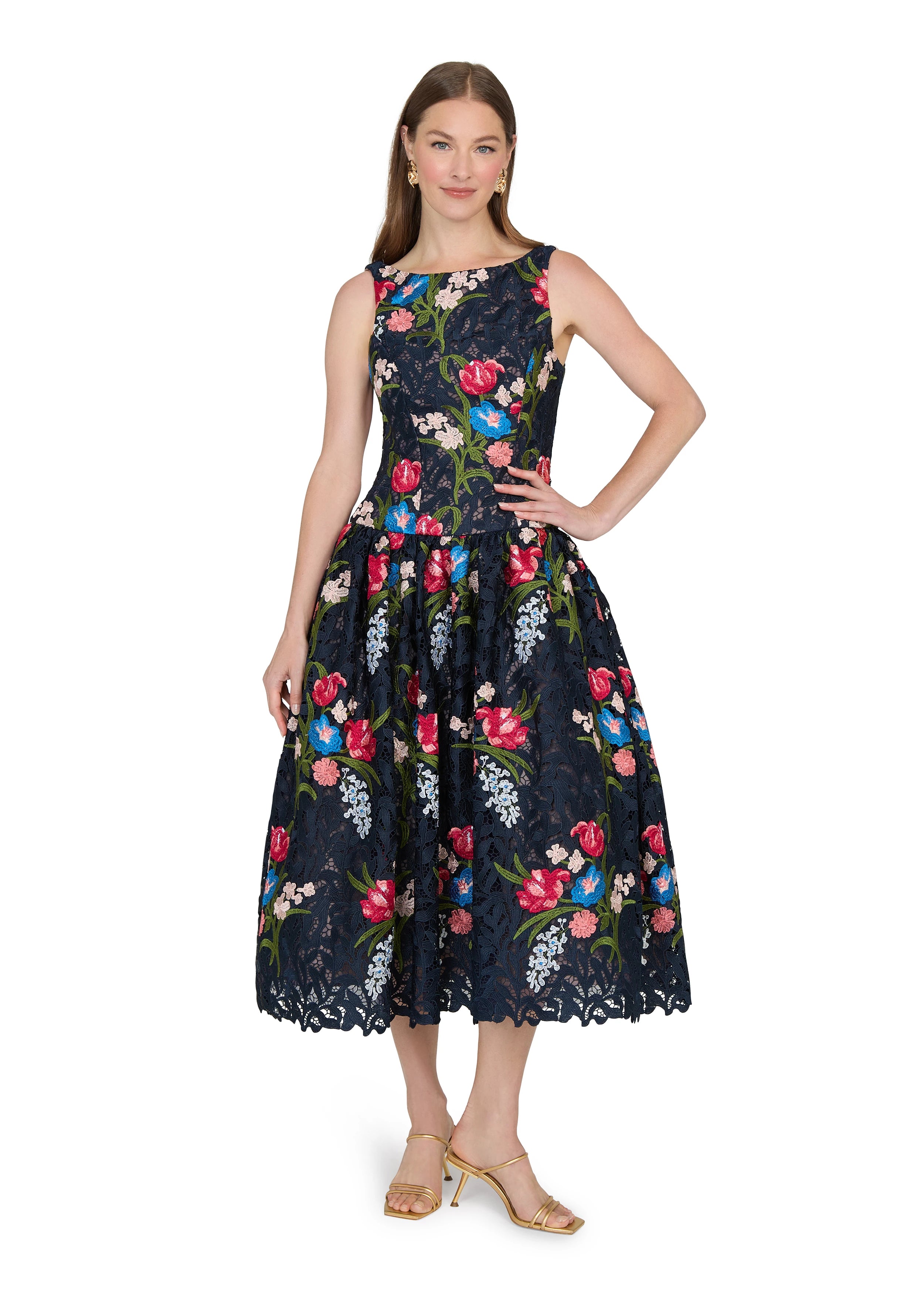 Anne Barge evening gown Gabriela, a bateau neck tea-length dress of Embroidered Guipure Lace with drop waist and full, softly gathered skirt.