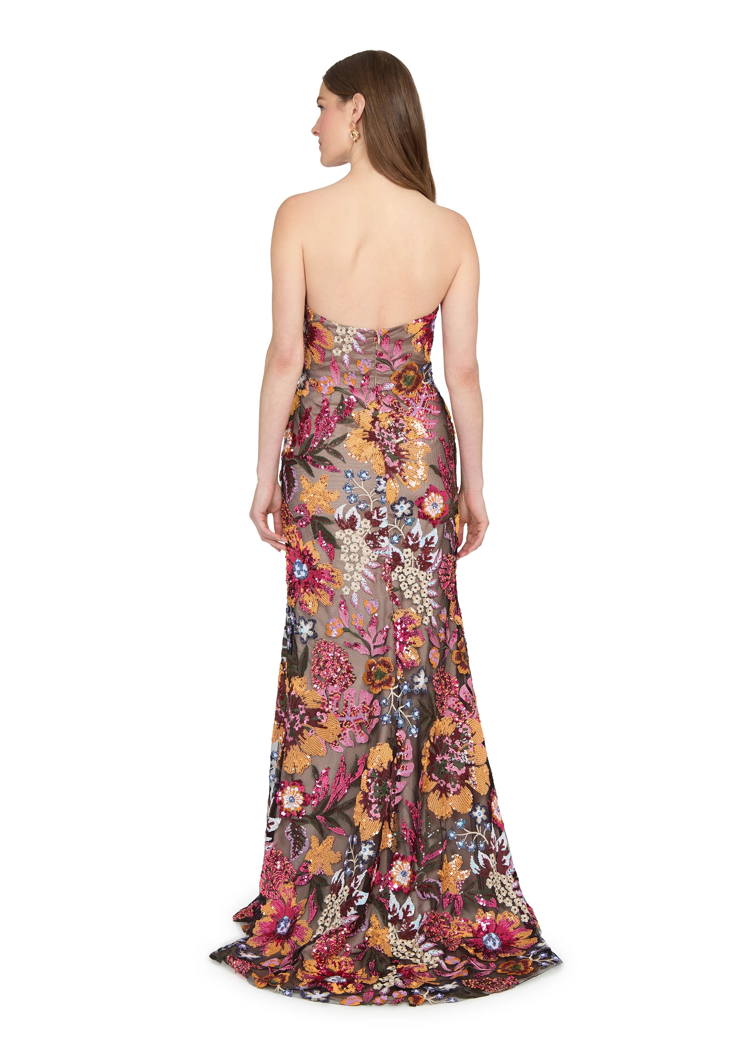 Anne Barge evening gown Isela, is a strapless column gown of Vibrant Garden Sequin Embroidery.