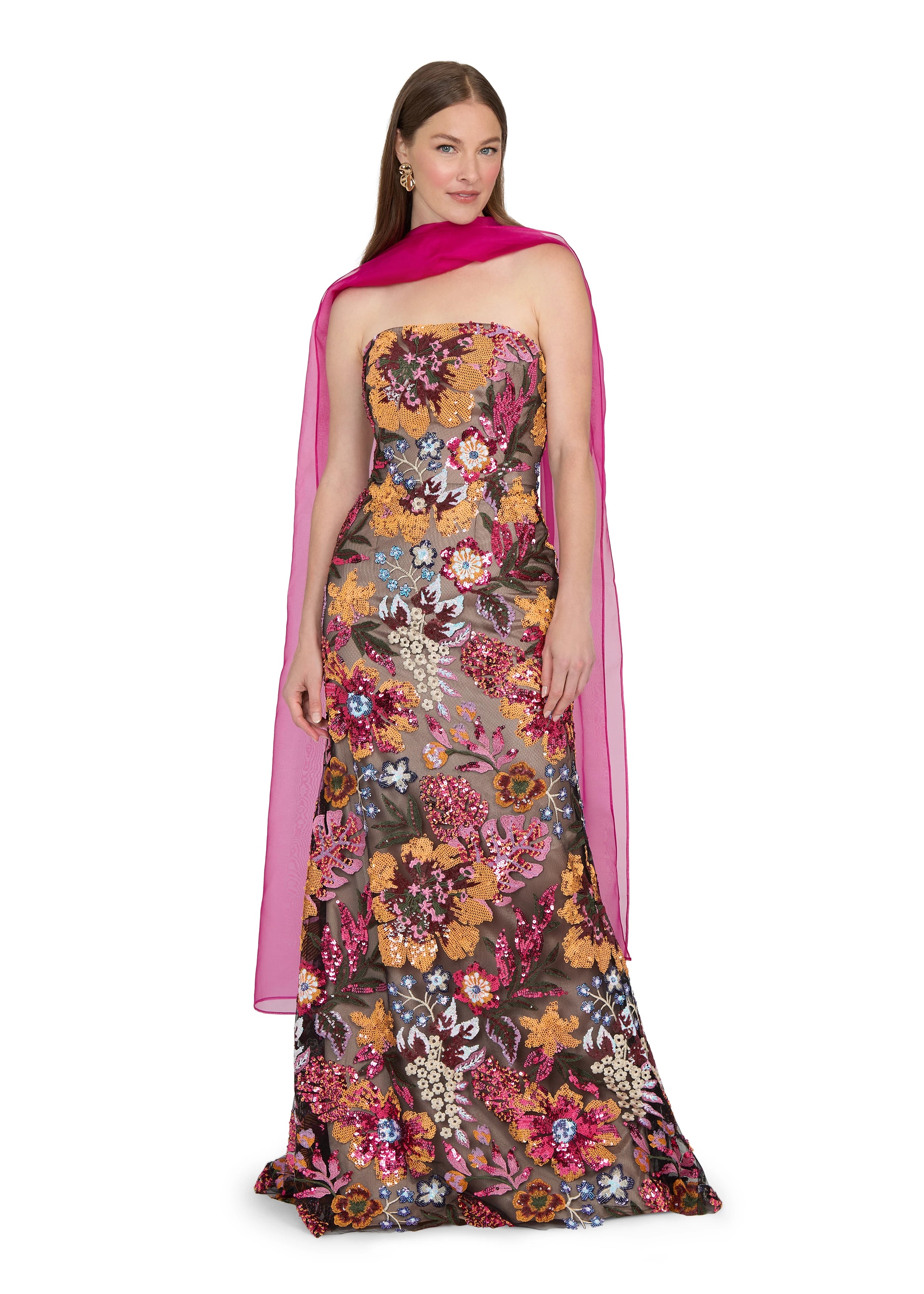 Anne Barge evening gown Isela, is a strapless column gown of Vibrant Garden Sequin Embroidery.