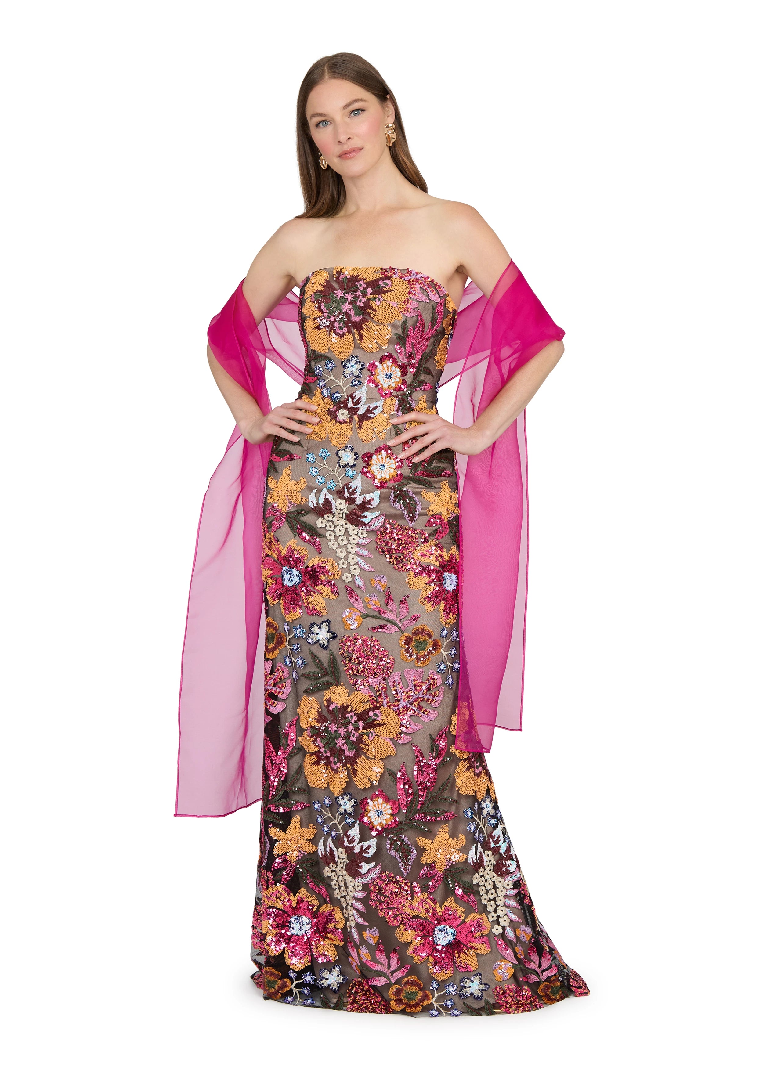 Anne Barge evening gown Isela, is a strapless column gown of Vibrant Garden Sequin Embroidery.