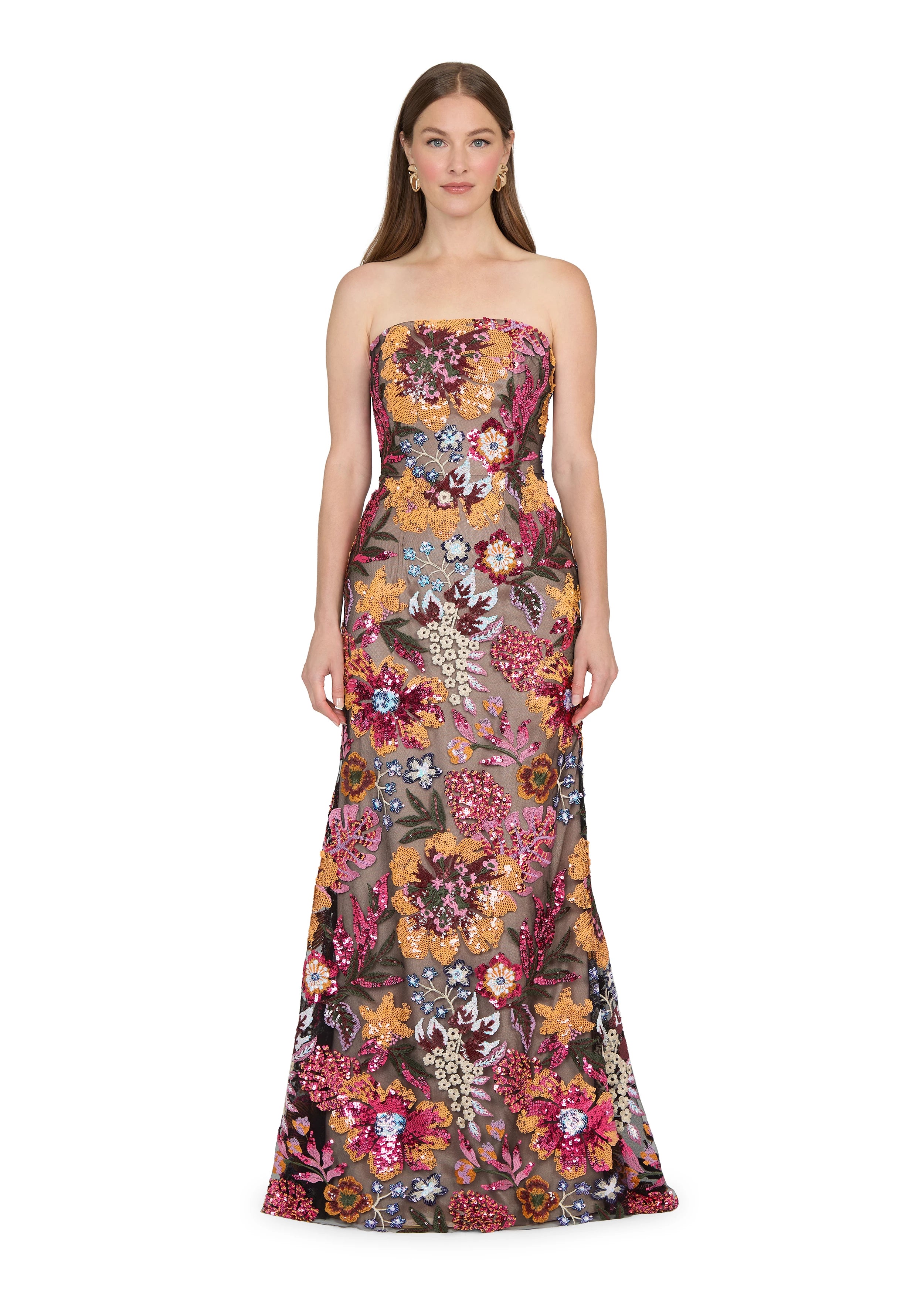 Anne Barge evening gown Isela, is a strapless column gown of Vibrant Garden Sequin Embroidery.
