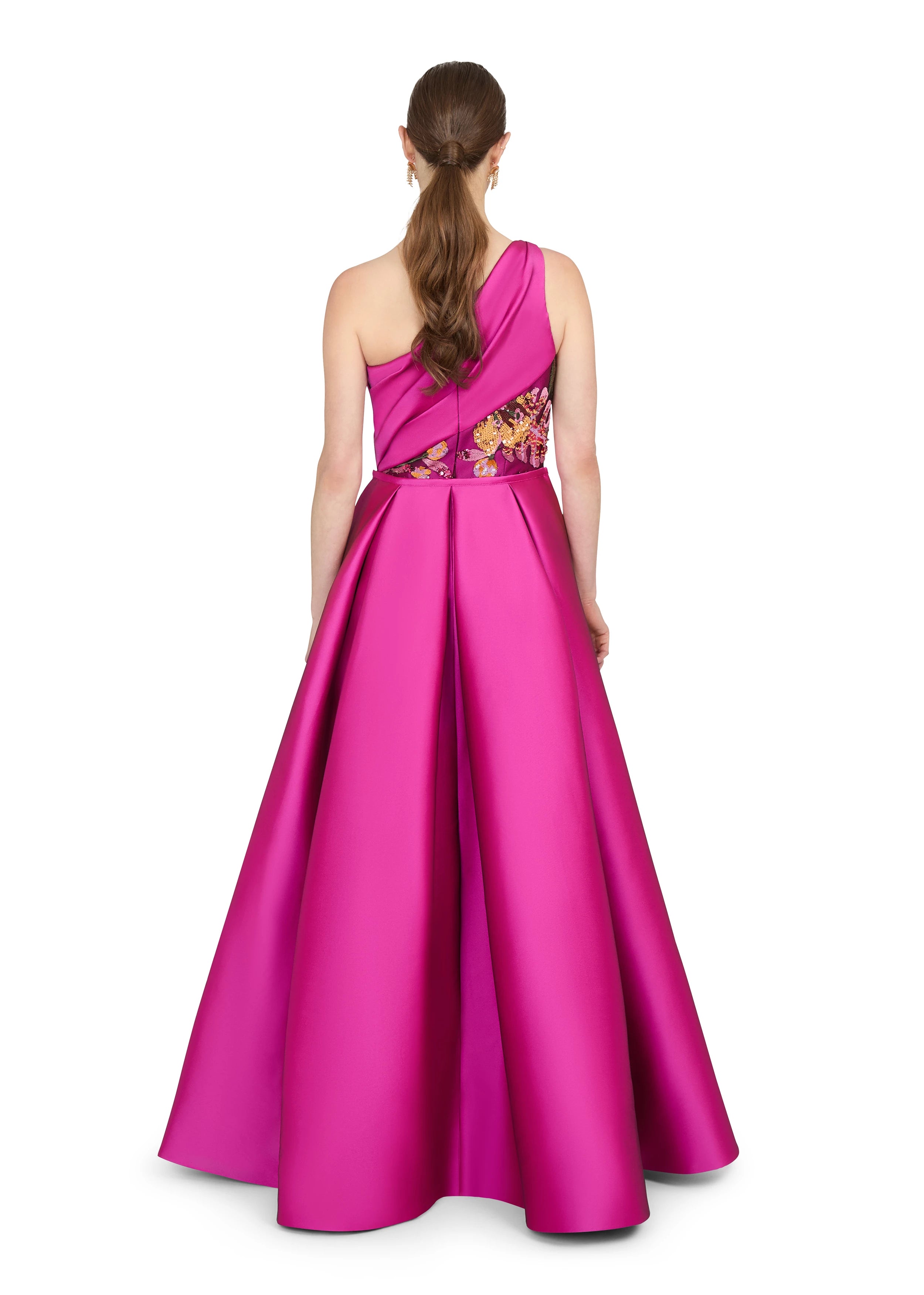 Anne Barge evening gown Josefina, is a gown of vibrant Garden Sequin Embroidery, featuring a draped one shoulder bodice in Stretch Twill.