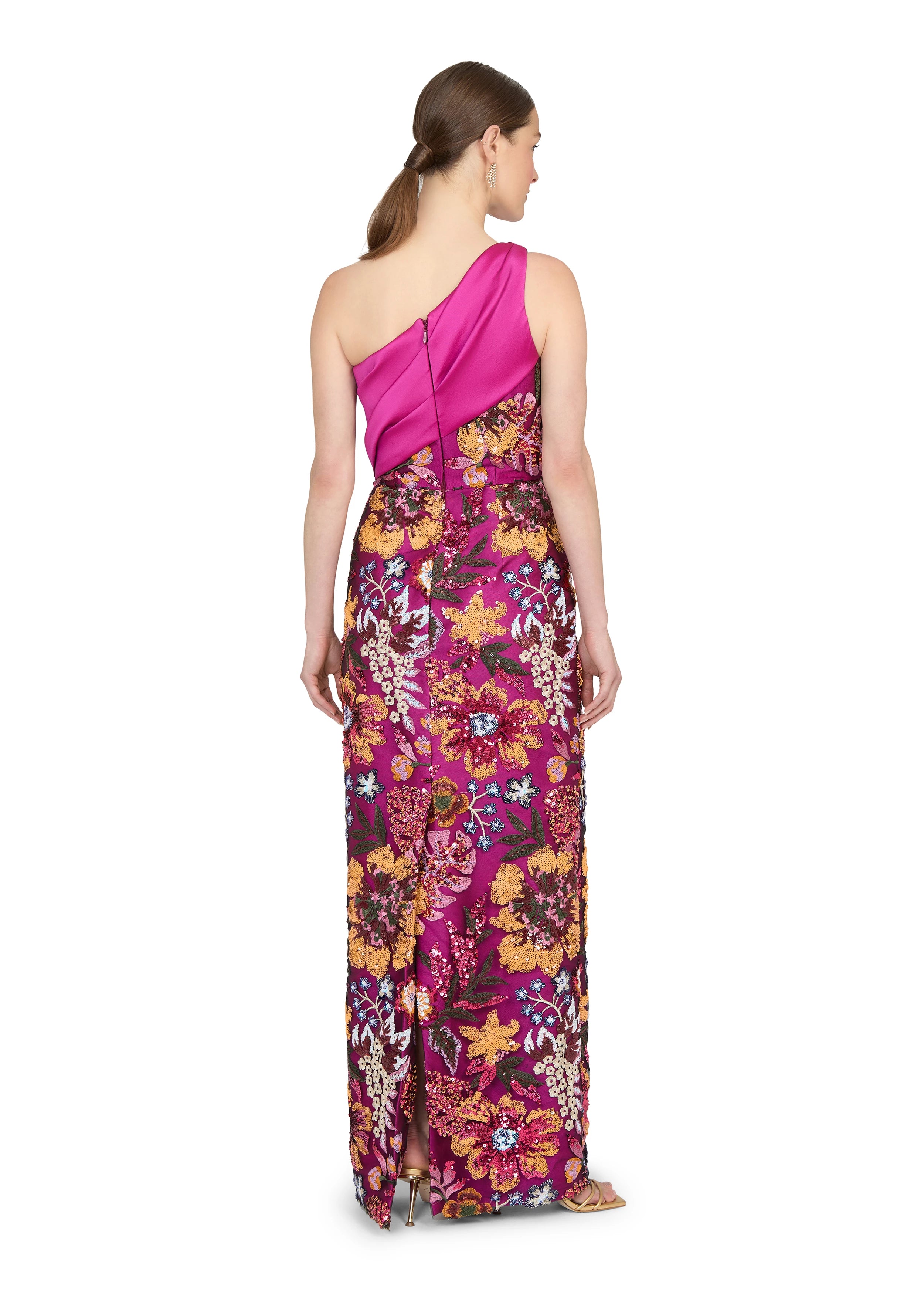 Anne Barge evening gown Josefina, is a gown of vibrant Garden Sequin Embroidery, featuring a draped one shoulder bodice in Stretch Twill.