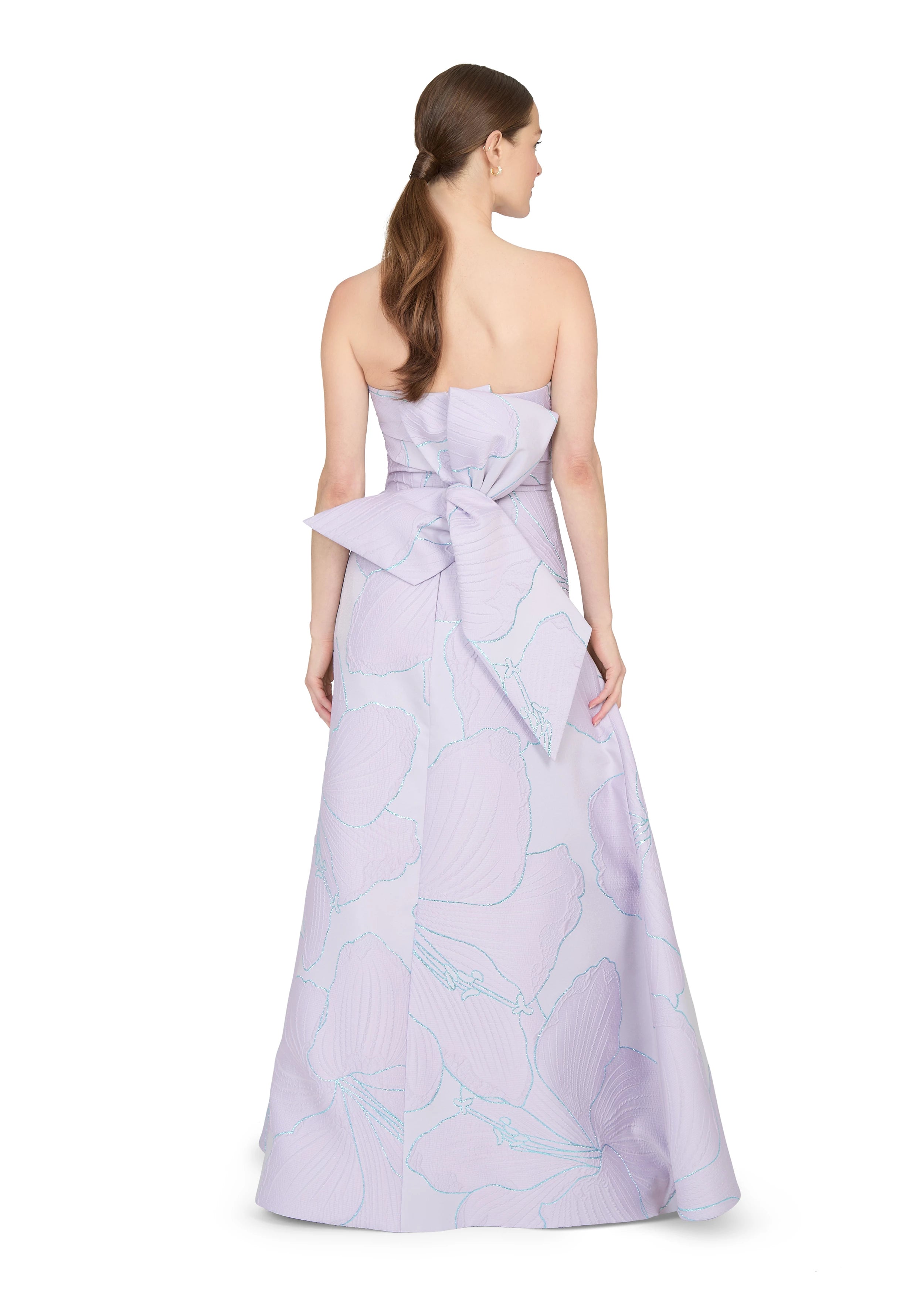 Anne Barge evening gown Pillar, a modified A-line strapless gown of Petal Canopy Jacquard with lightly pleated neckline cuff.