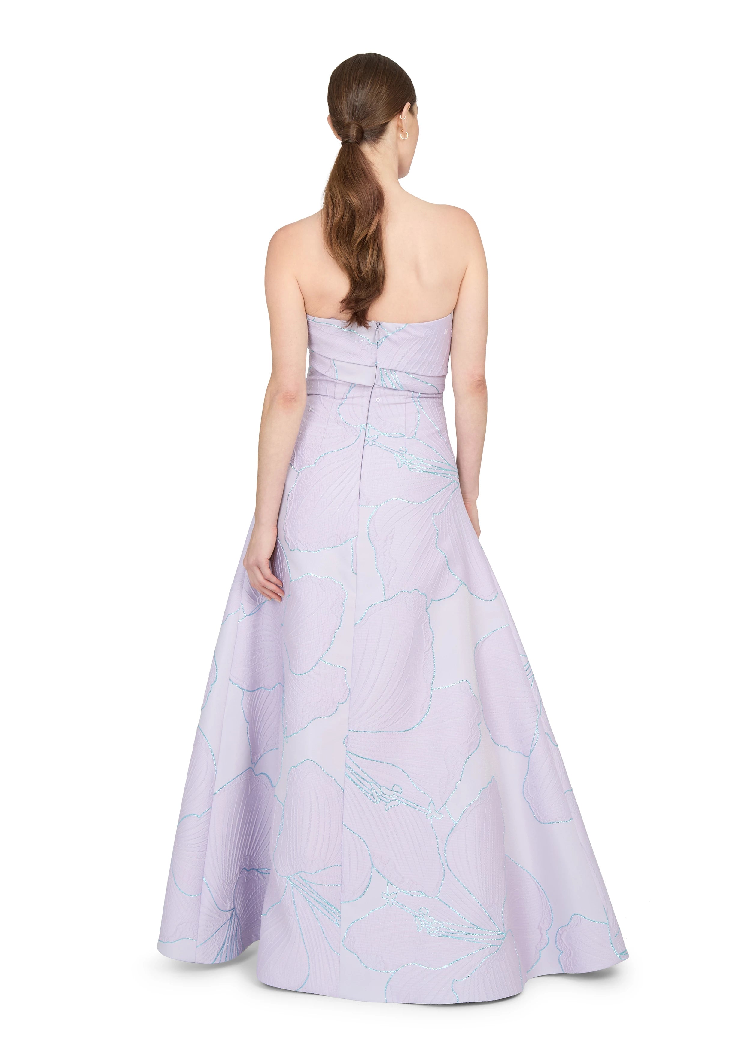 Anne Barge evening gown Pillar, a modified A-line strapless gown of Petal Canopy Jacquard with lightly pleated neckline cuff. 
