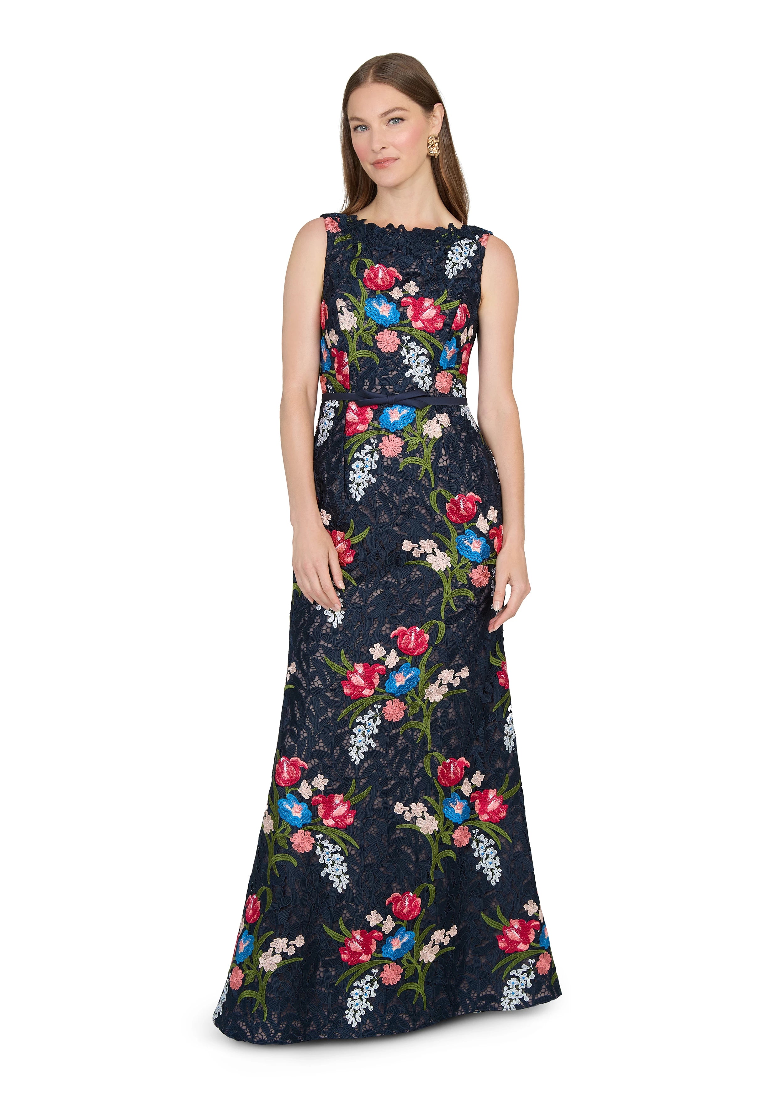 Anne Barge evening gown Renata, a bateau neck columnar gown of Embroidered Guipure Lace. 