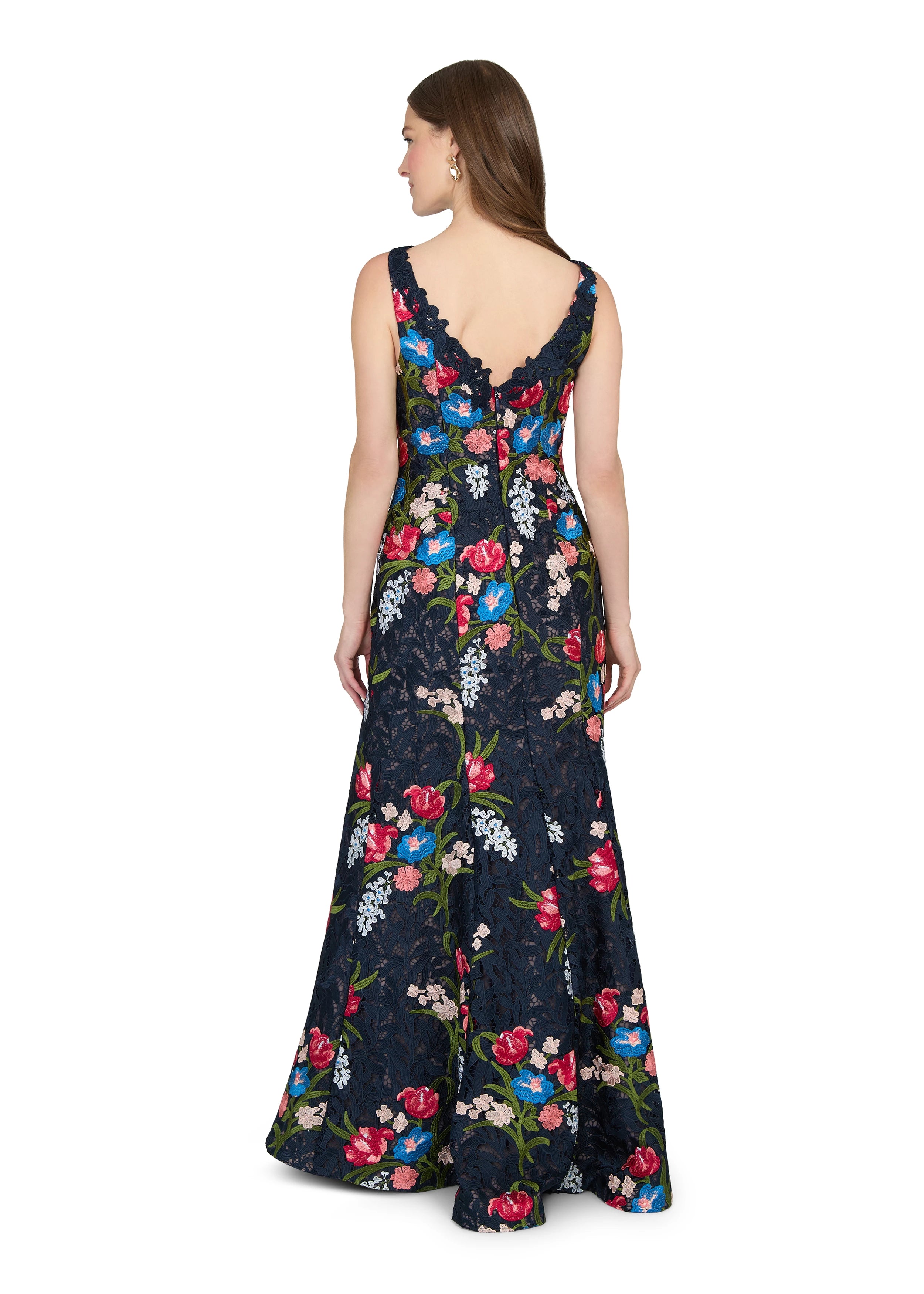 Anne Barge evening gown Renata, a bateau neck columnar gown of Embroidered Guipure Lace. 