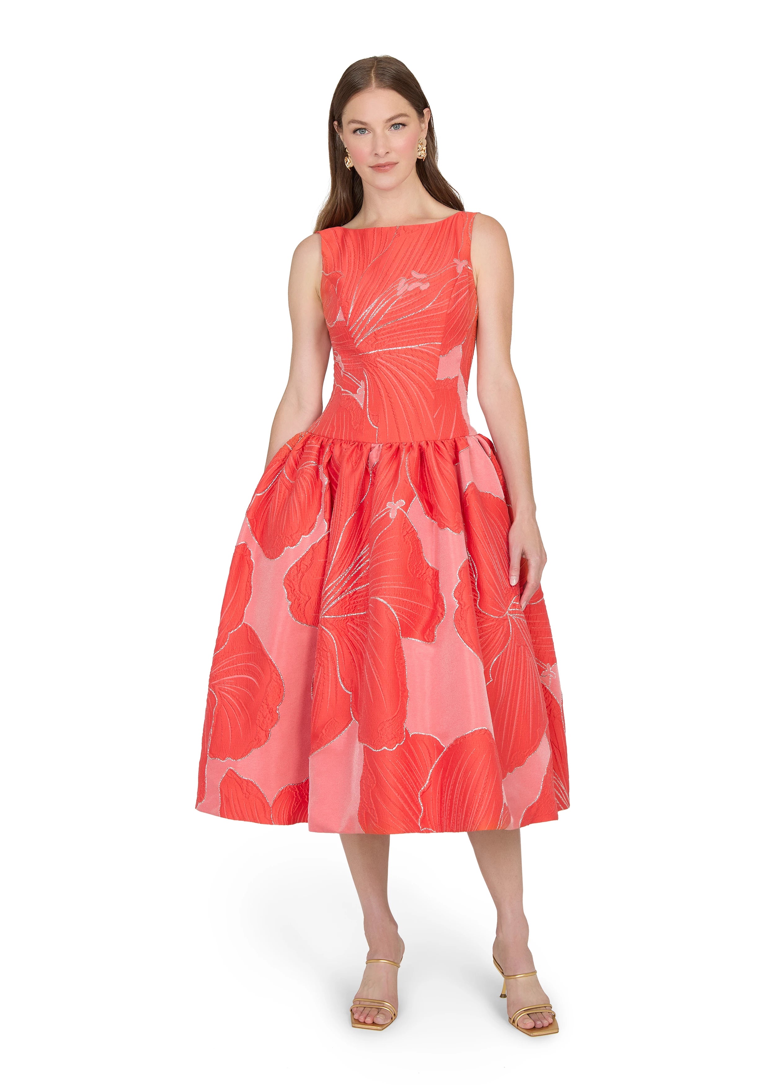 Anne Barge evening gown Rocio, a bateau neck tea-length dress of Petal Canopy Jacquard with drop waist and full, softly gathered skirt. 
