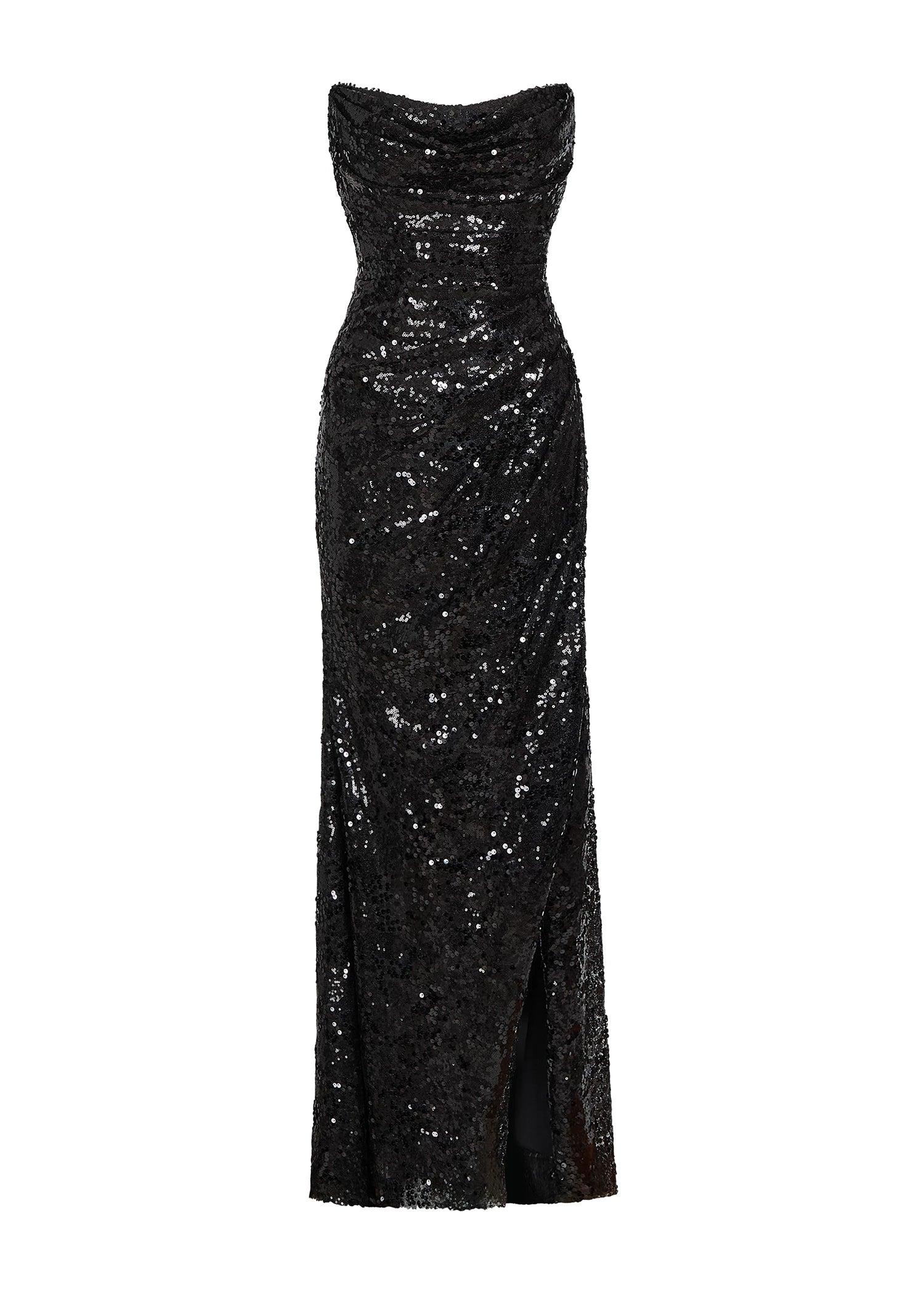 The Rivoli evening gown from Black Label by Anne Barge is a crescent neck strapless gown of Cluster Sequins with figure flattering skirt draping and asymmetric slit.