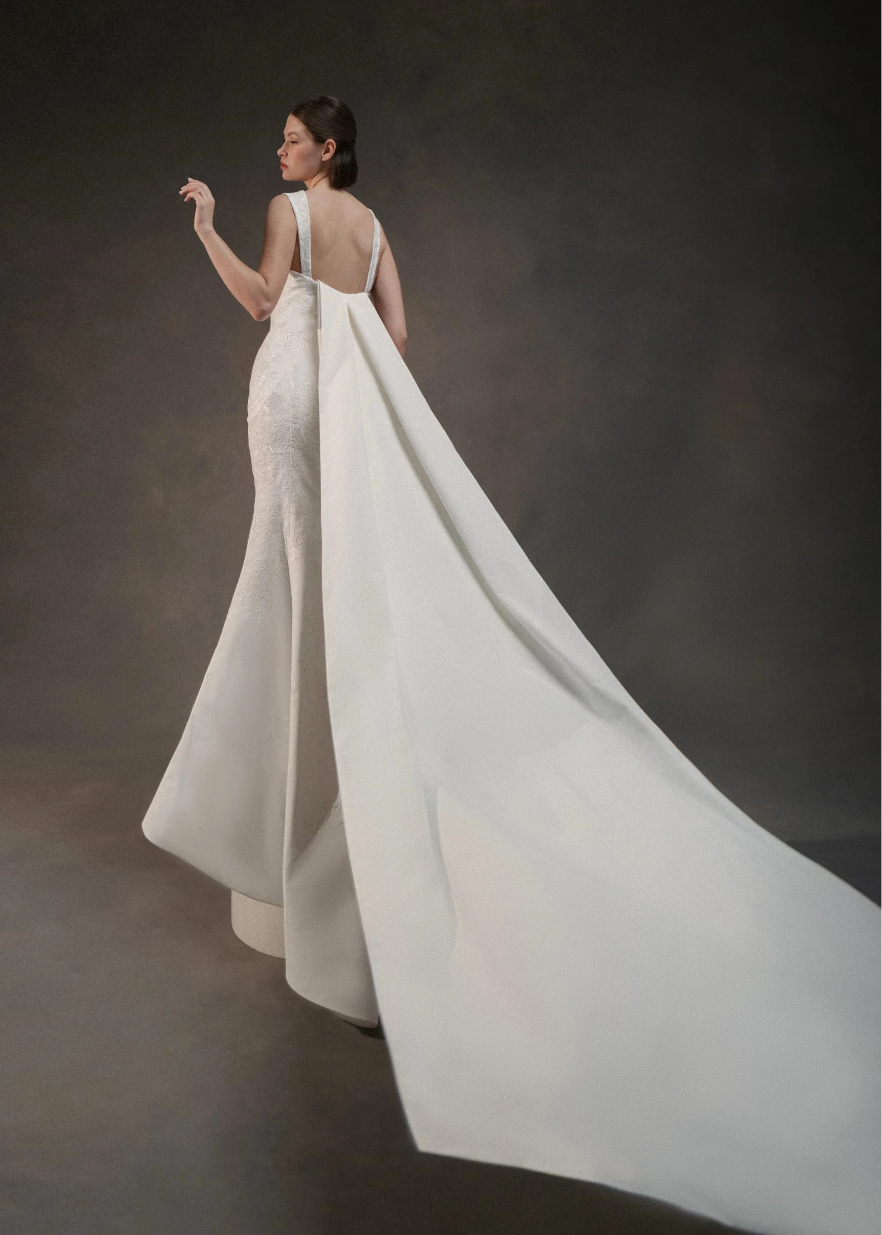 The Blue Willow Raye Train is a box pleated detachable watteau train of Matte Satin in Silk White.