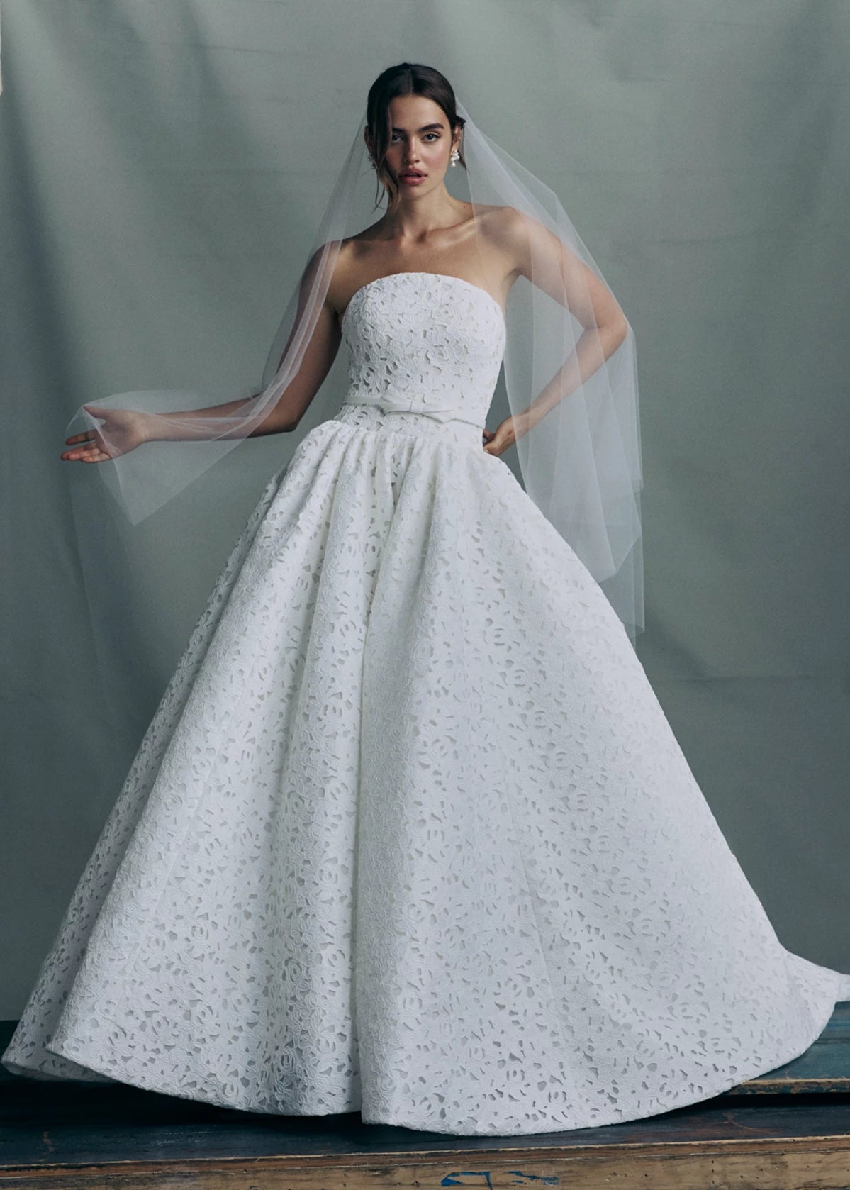 The Charlene gown by Anne Barge is an arched strapless gown in Embroidered Rose Laser Cut Satin with slightly dropped waist and gathered ballgown skirt in Silk White.