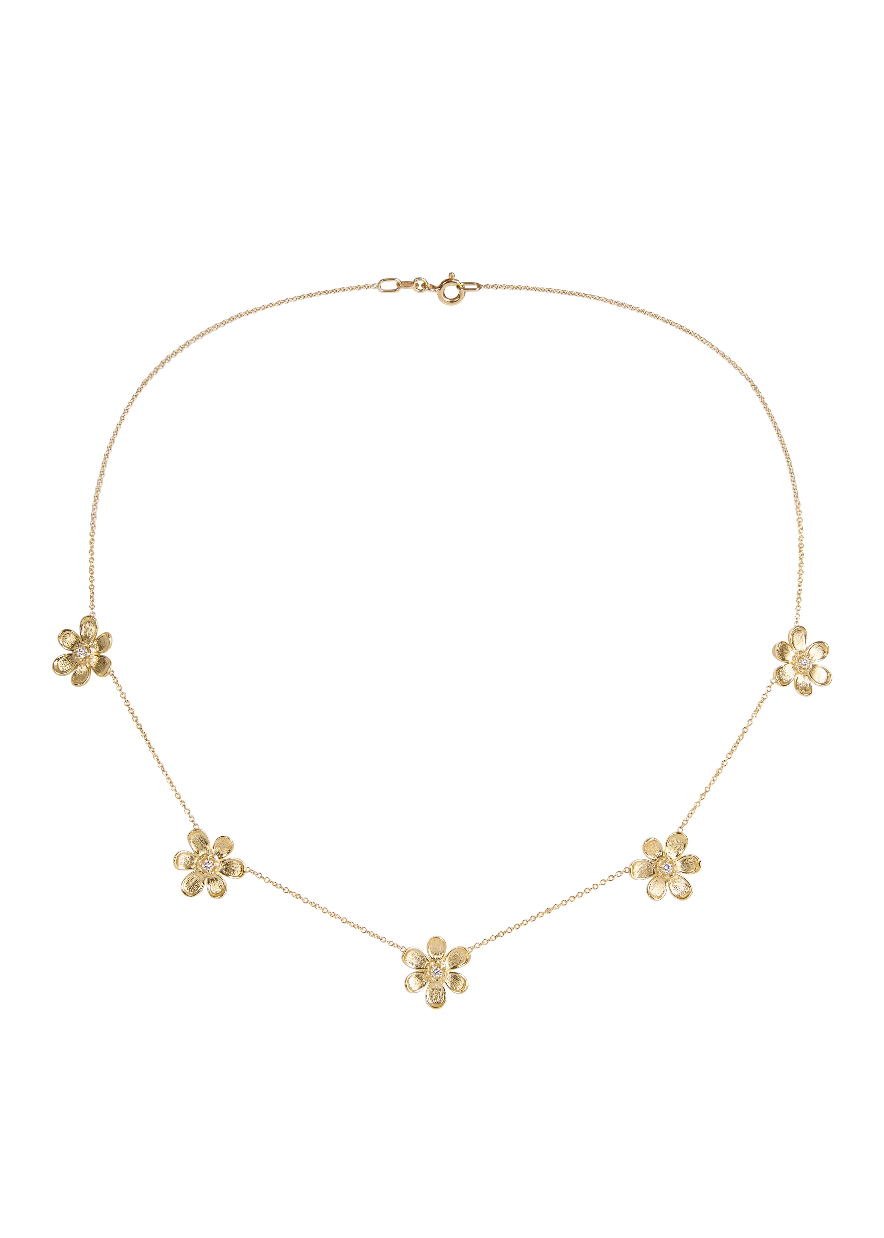 Designed by Atlanta jewelry designer Laura Pearce, five delicate pavé diamond flowers on a 16" strand, featuring 0.27 CTTW of brilliant diamonds.