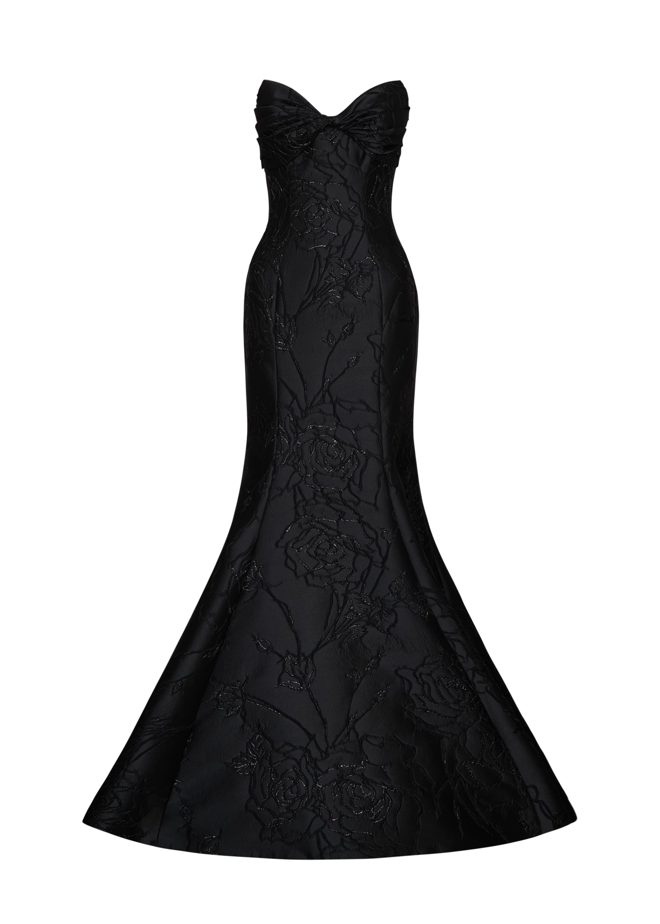 Anne Barge evening gown Esperanza, is a pointed sweetheart strapless fit and flare gown of Camellia Vine Jacquard.