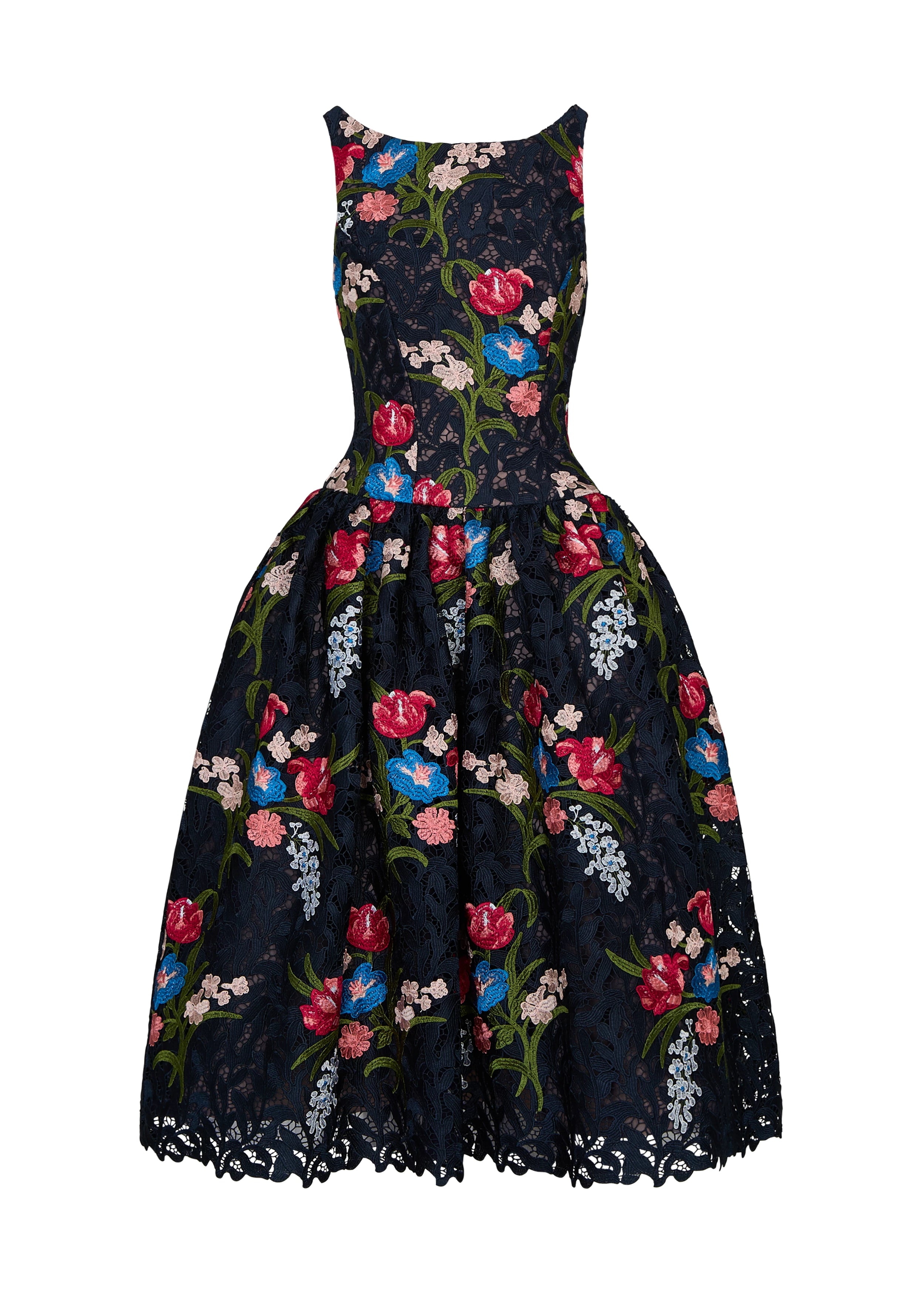 Anne Barge evening gown Gabriela, a bateau neck tea-length dress of Embroidered Guipure Lace with drop waist and full, softly gathered skirt.