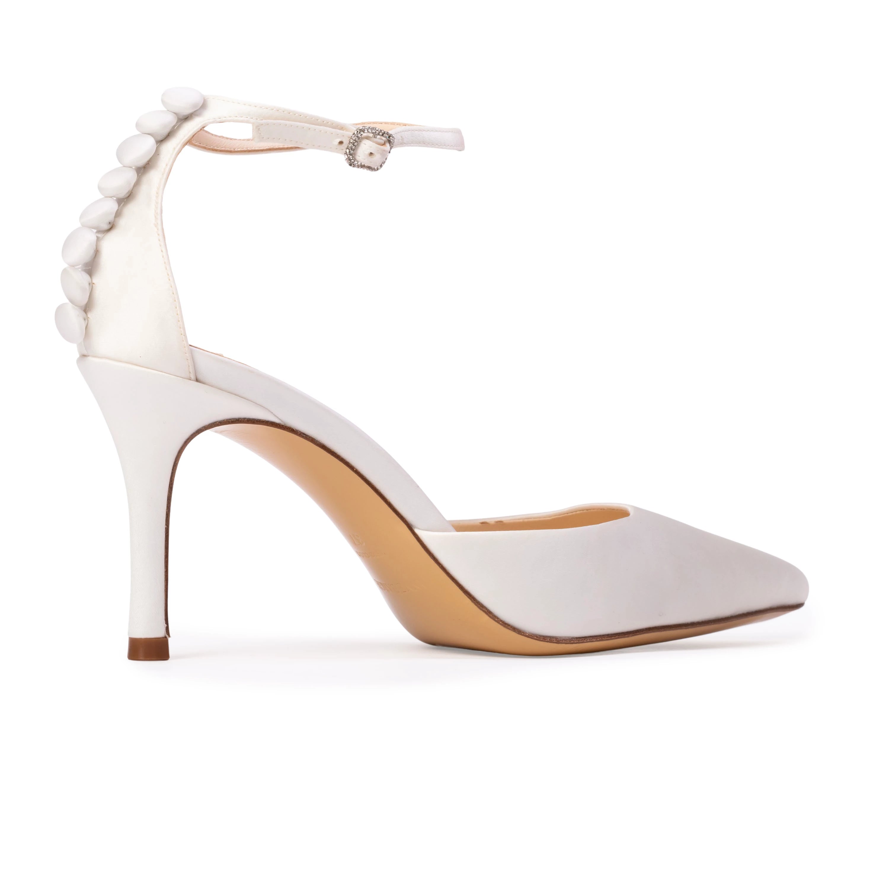 This Anne Barge pointed-toe pump features a classic 80 mm heel and a sparkling square crystal-embellished buckle. Crafted in smooth satin and finished with elegant satin-covered buttons at the heel.