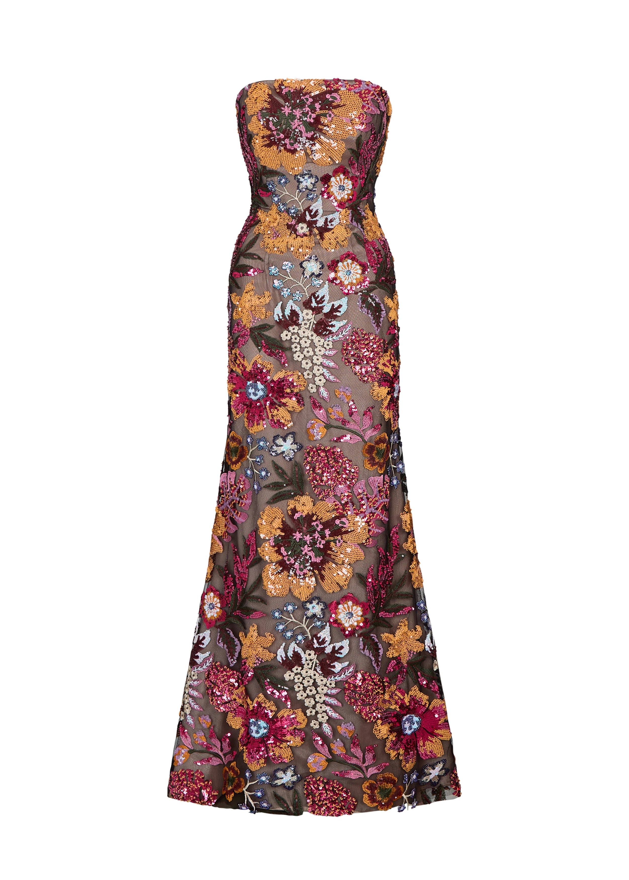 Anne Barge evening gown Isela, is a strapless column gown of Vibrant Garden Sequin Embroidery.