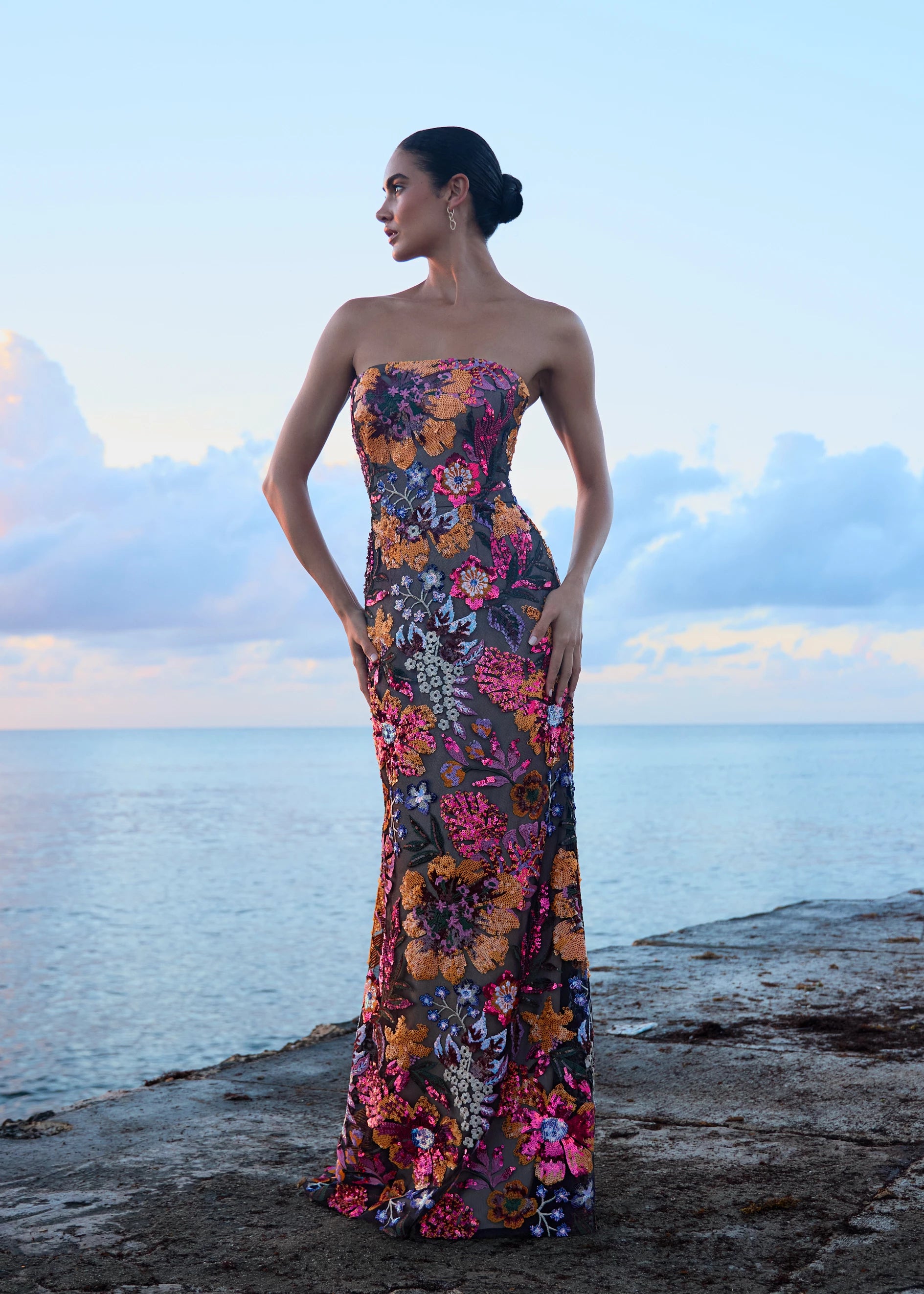 Anne Barge evening gown Isela, is a strapless column gown of Vibrant Garden Sequin Embroidery.