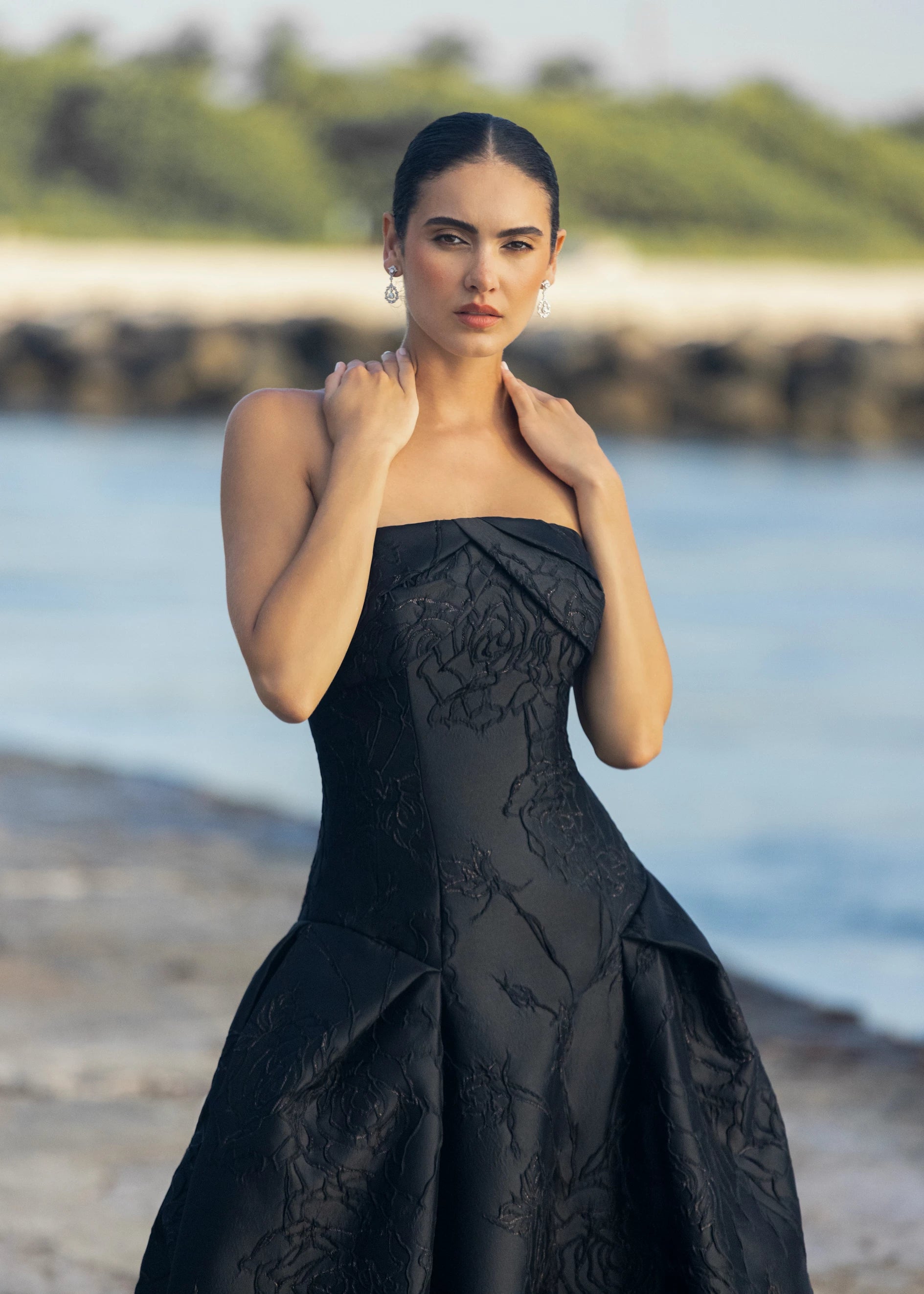 Anne Barge evening gown Letizia, is an arched strapless drop waist ballgown of Camellia Vine Jacquard with neckline draping and pleated skirt.