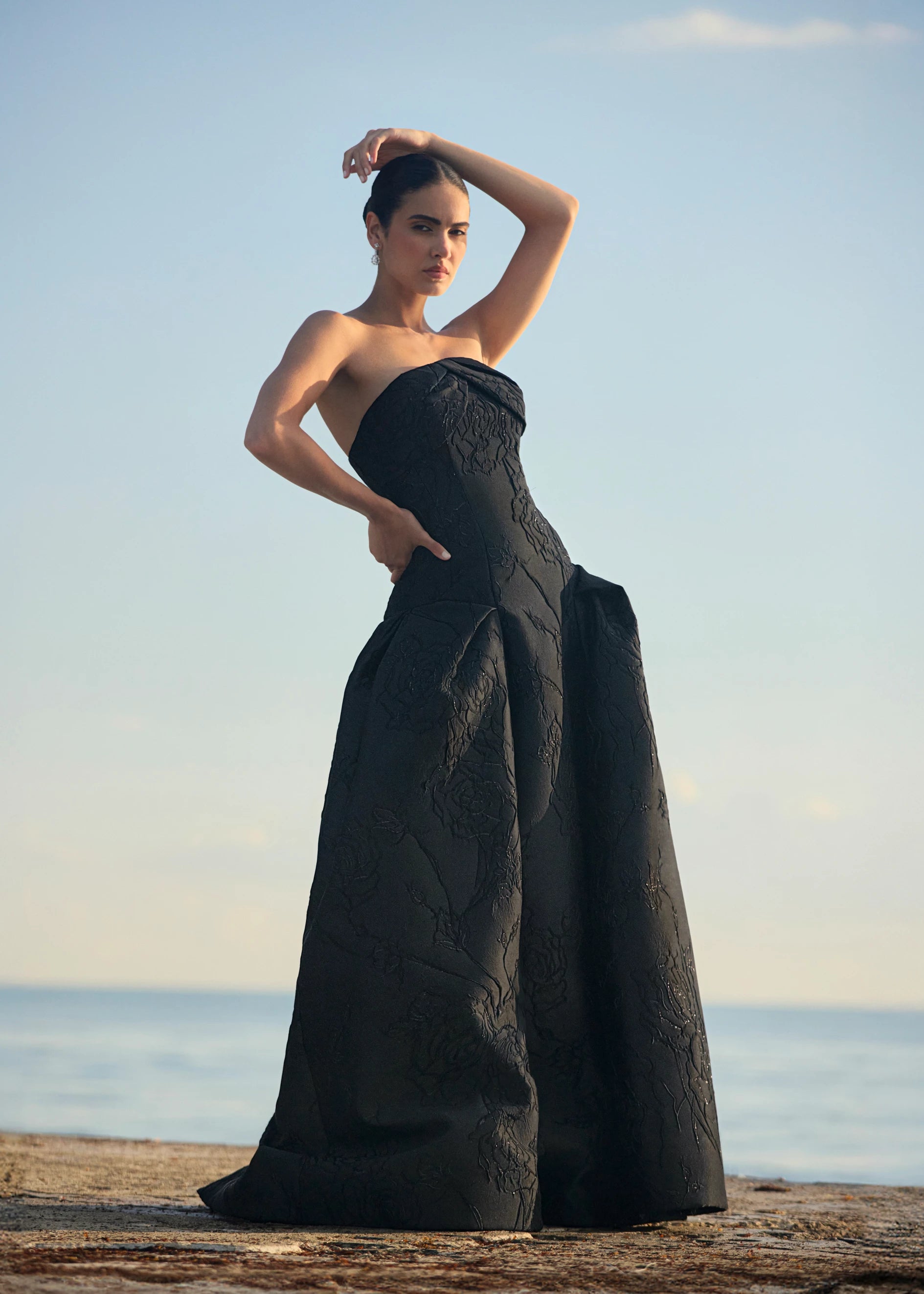 Anne Barge evening gown Letizia, is an arched strapless drop waist ballgown of Camellia Vine Jacquard with neckline draping and pleated skirt.