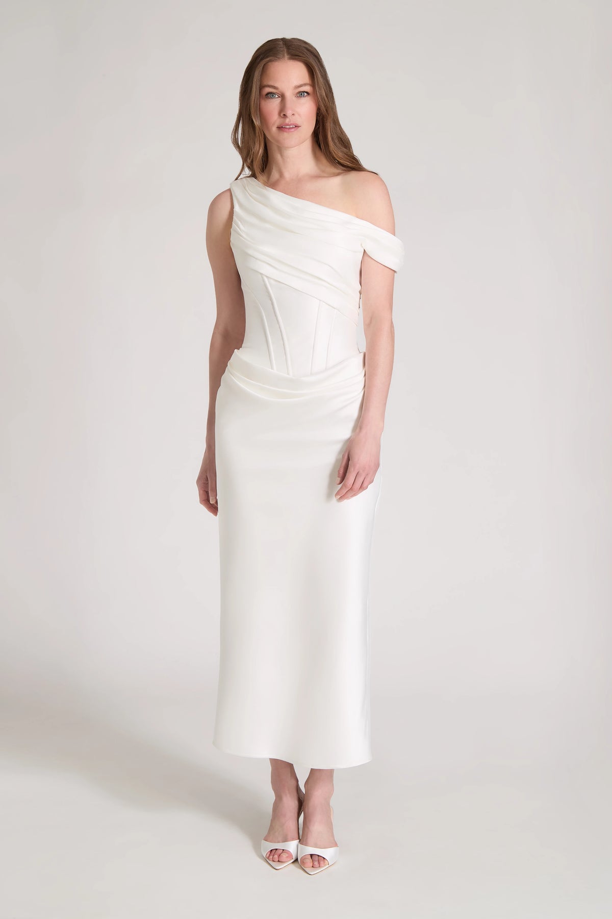 The Yours Truly Little White Dress is a one shoulder draped midi dress of Stretch Mikado in Silk White.