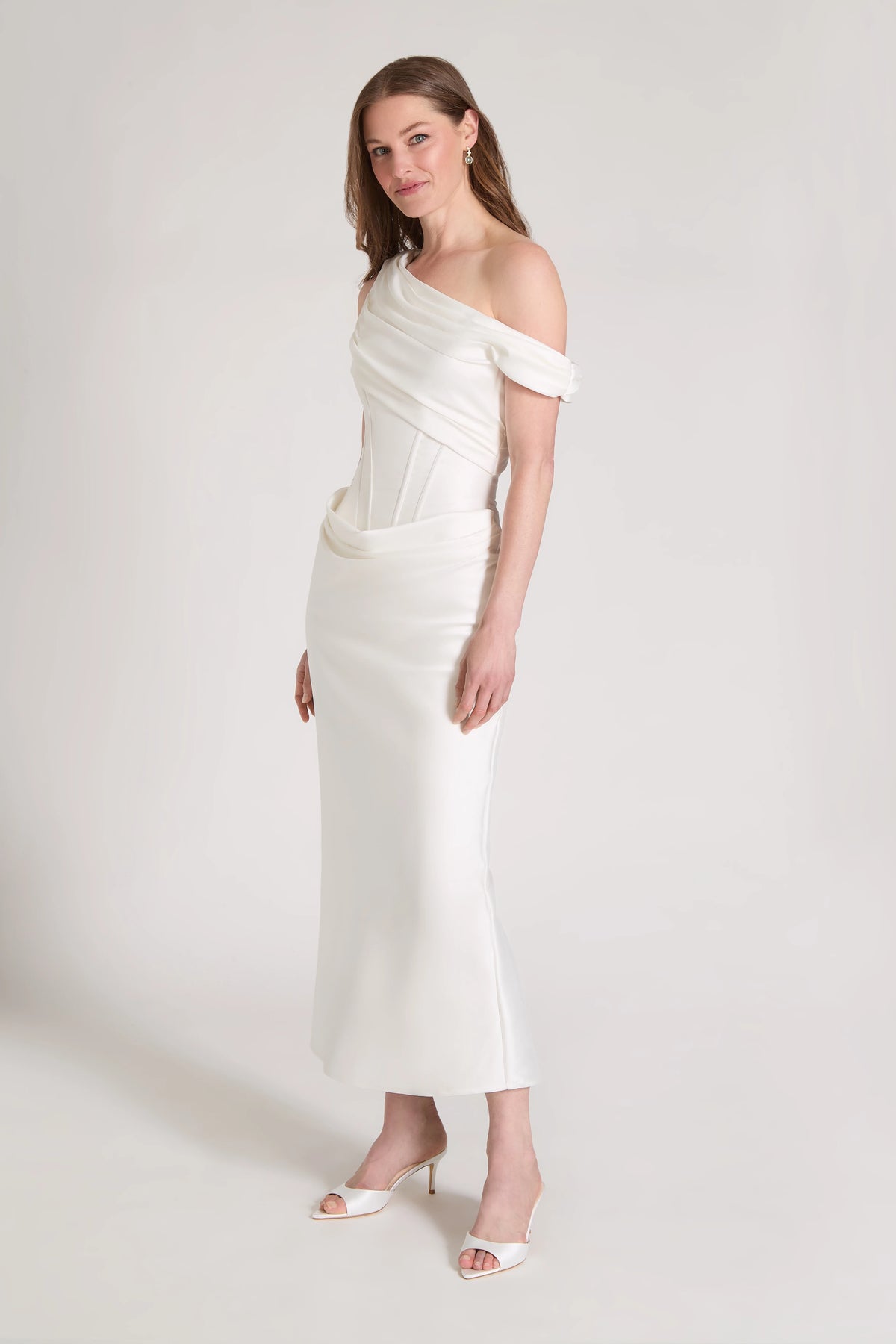 The Yours Truly Little White Dress is a one shoulder draped midi dress of Stretch Mikado in Silk White.