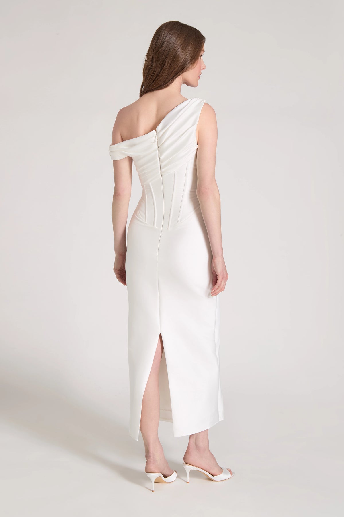 The Yours Truly Little White Dress is a one shoulder draped midi dress of Stretch Mikado in Silk White.