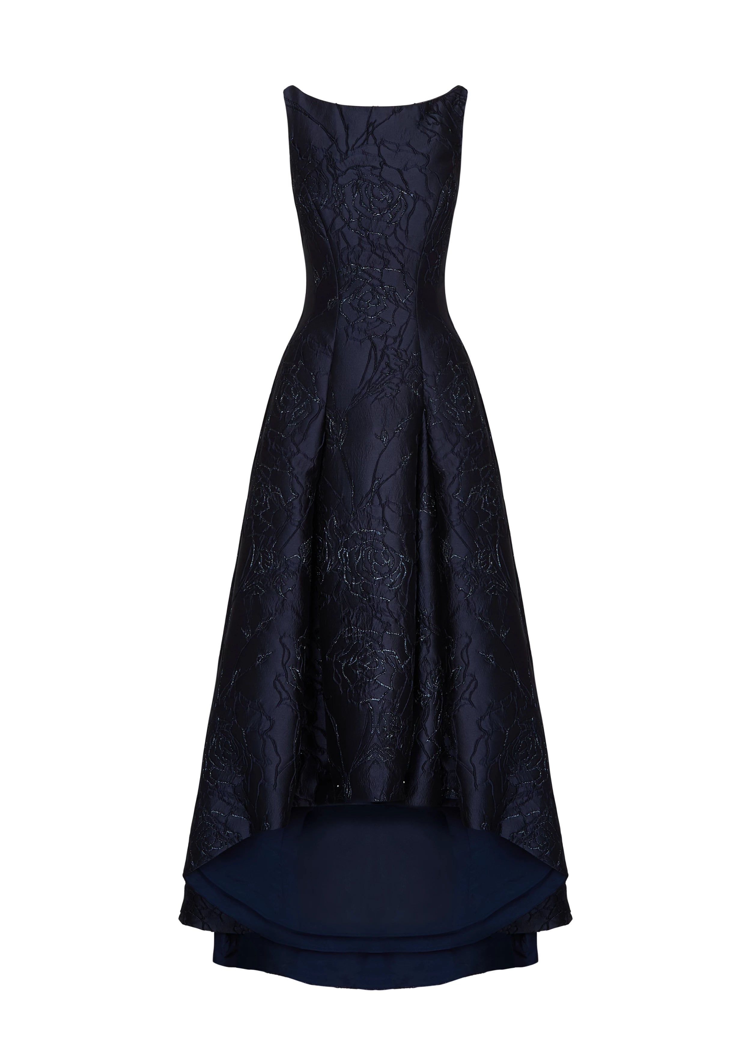 Anne Barge evening gown Marcel, a seam gown of Camellia Vine Jacquard with inverted box pleats and pockets.