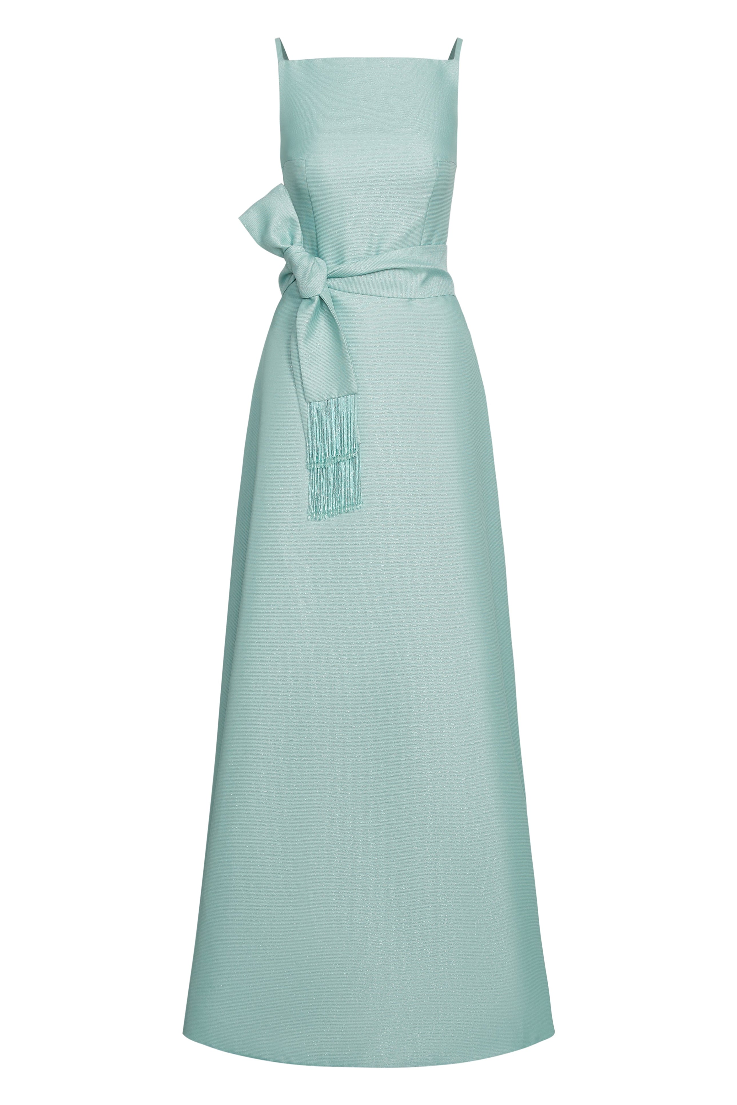 The Mott Sash from Black Label by Anne Barge is a self-tie sash of Metallic Faille Piqué with beaded fringe trim. 